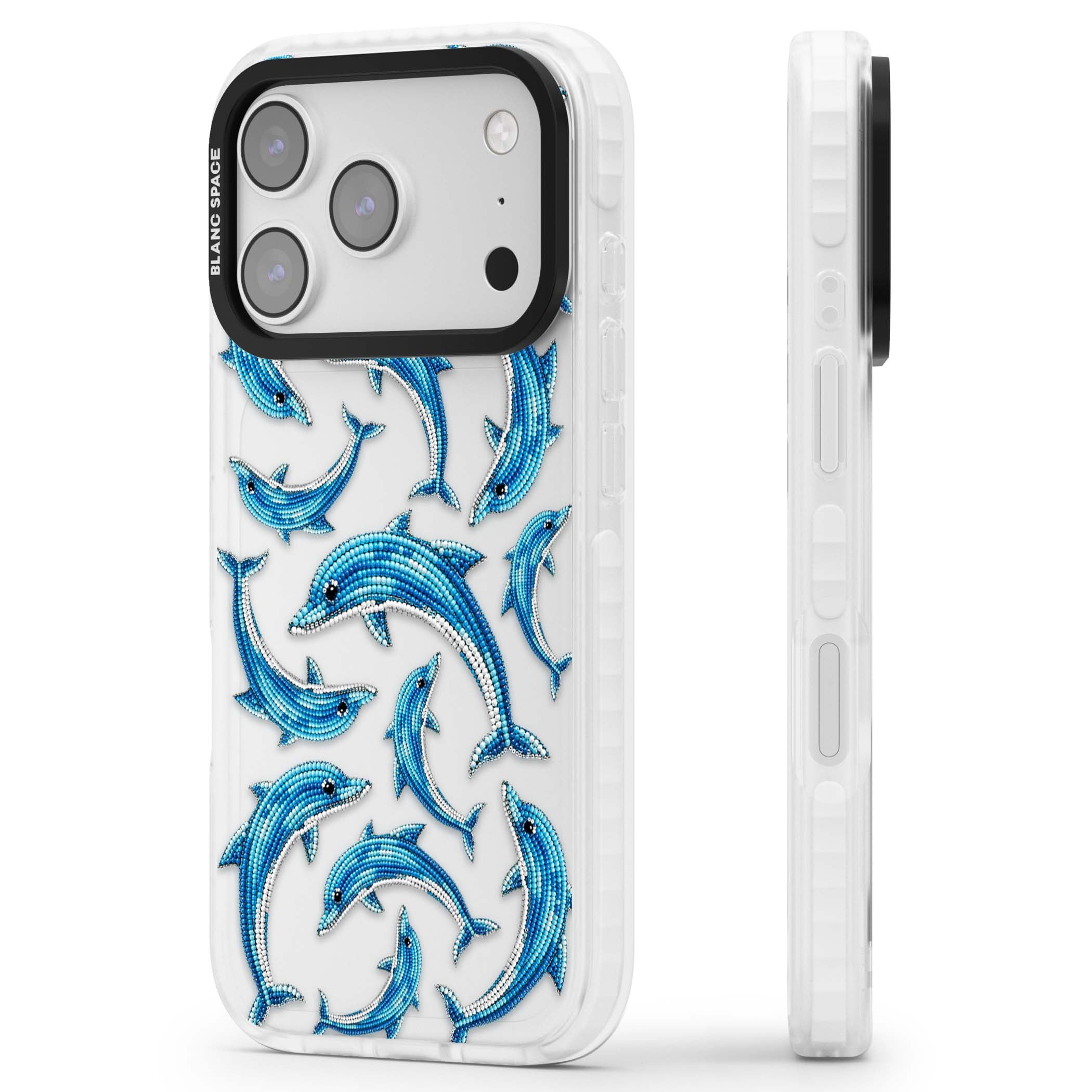 Beaded Dolphins coastal iPhone case featuring beaded dolphins in blue and white swimming across a clear background | Black Impact case for iPhone 17 Pro, iPhone 17 Pro Max