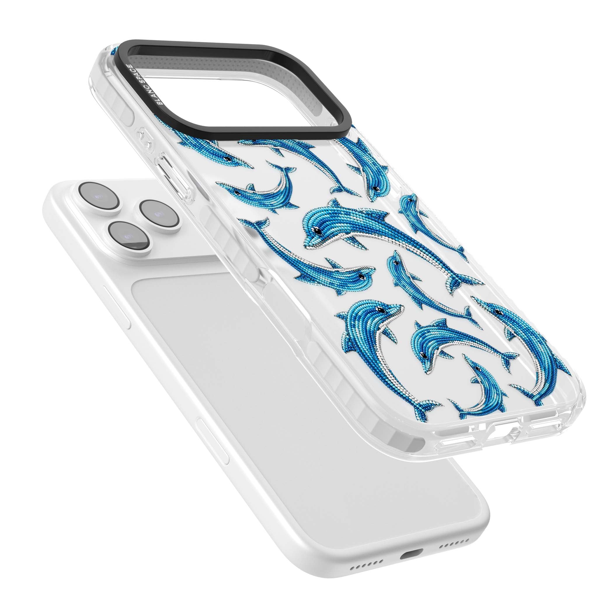 Beaded Dolphins coastal iPhone case featuring beaded dolphins in blue and white swimming across a clear background | Black Impact case for iPhone 17 Pro, iPhone 17 Pro Max