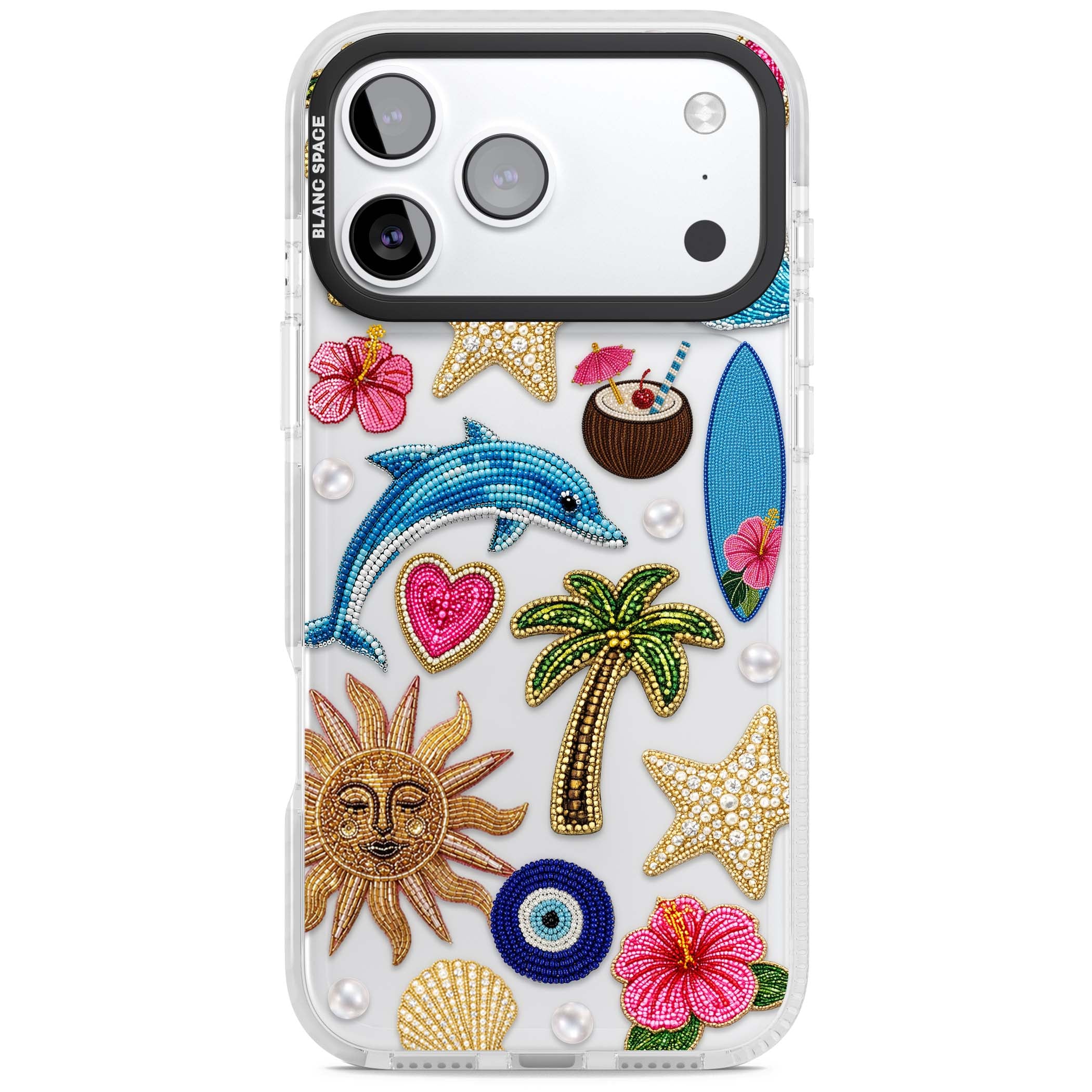Beaded Beach coastal summer iPhone case featuring embroidered evil eye, hibiscus flowers, dolphin and palm tree patches | Black Impact case for iPhone 17 Pro, iPhone 17 Pro Max