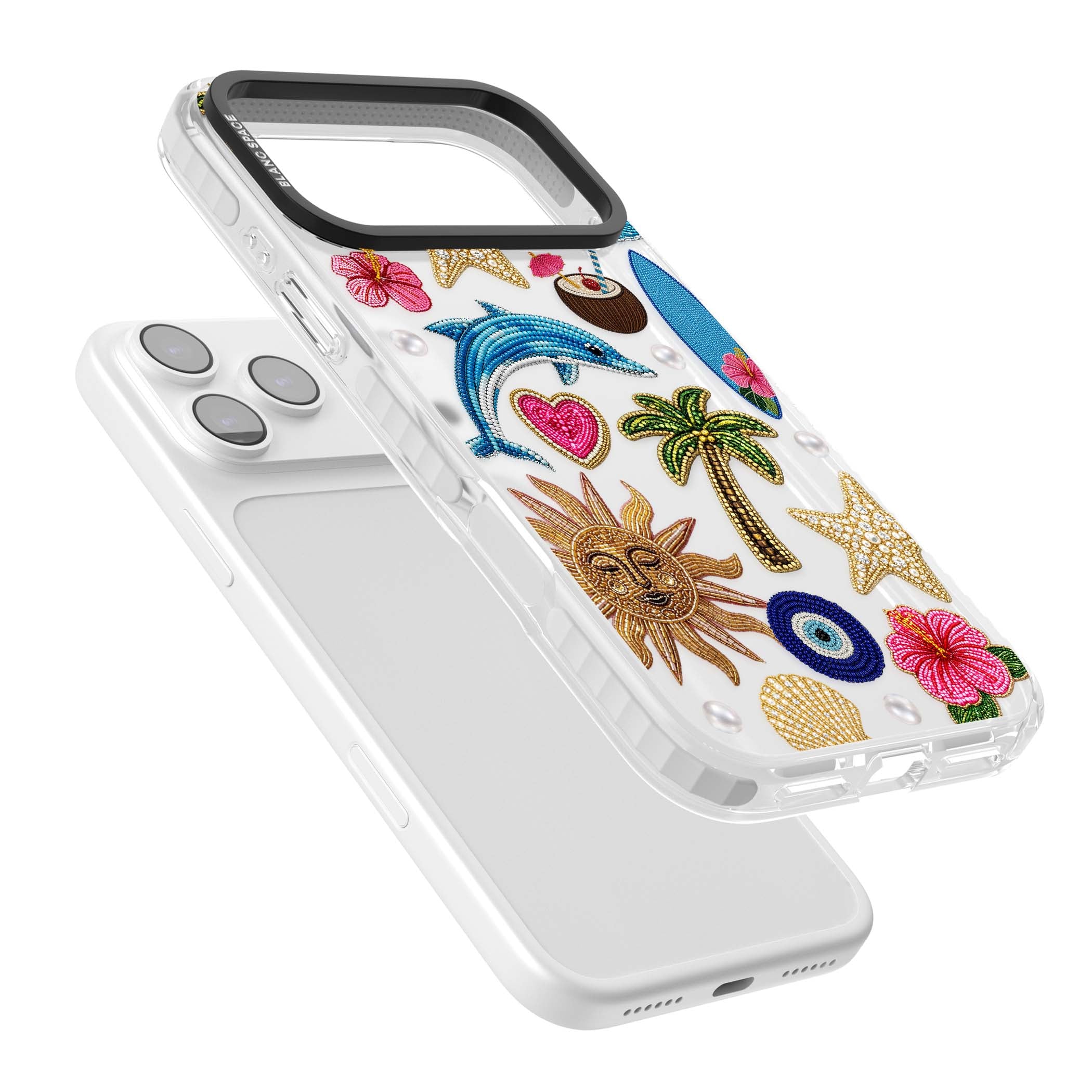 Beaded Beach coastal summer iPhone case featuring embroidered evil eye, hibiscus flowers, dolphin and palm tree patches | Black Impact case for iPhone 17 Pro, iPhone 17 Pro Max