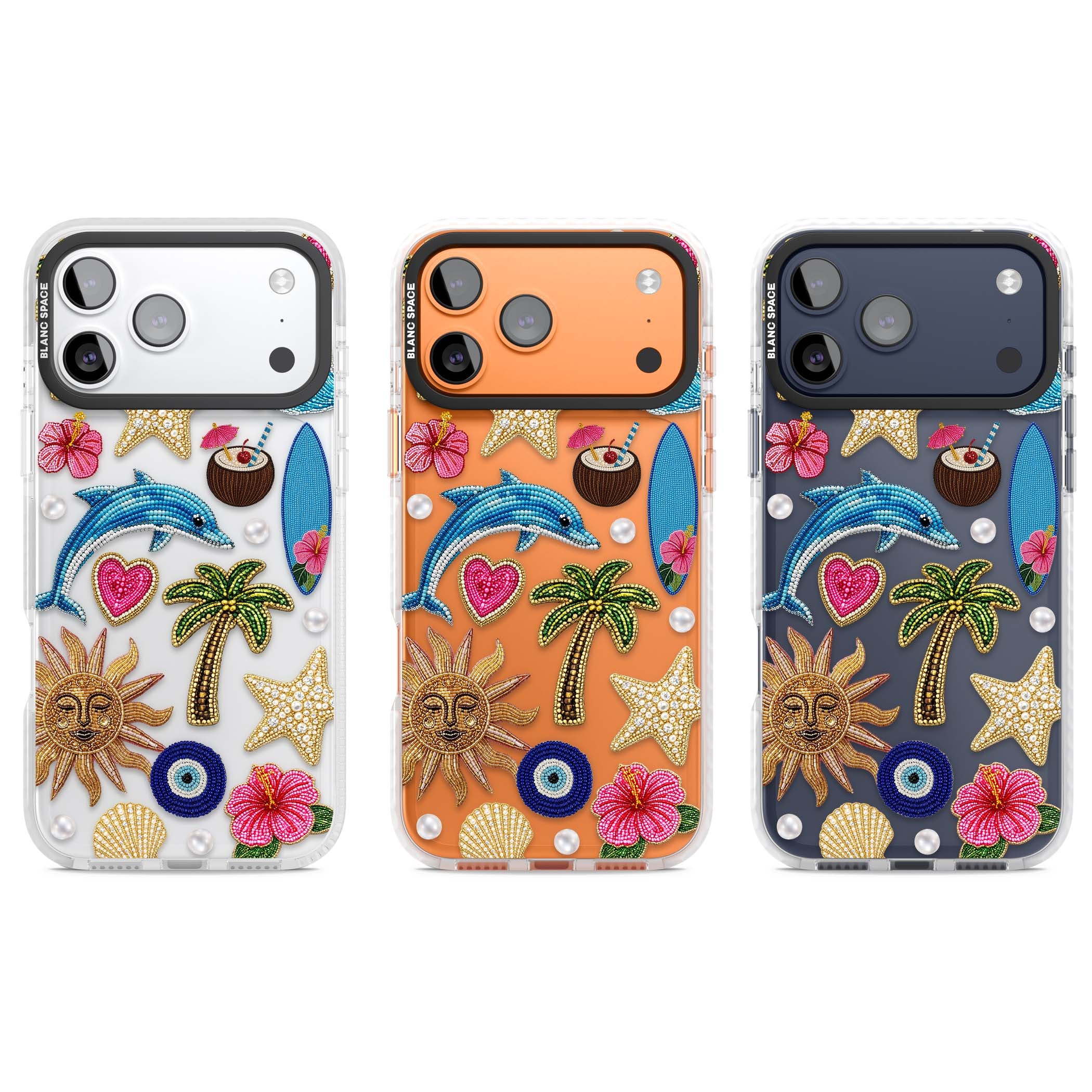 Beaded Beach coastal summer iPhone case featuring embroidered evil eye, hibiscus flowers, dolphin and palm tree patches | Black Impact case for iPhone 17 Pro, iPhone 17 Pro Max
