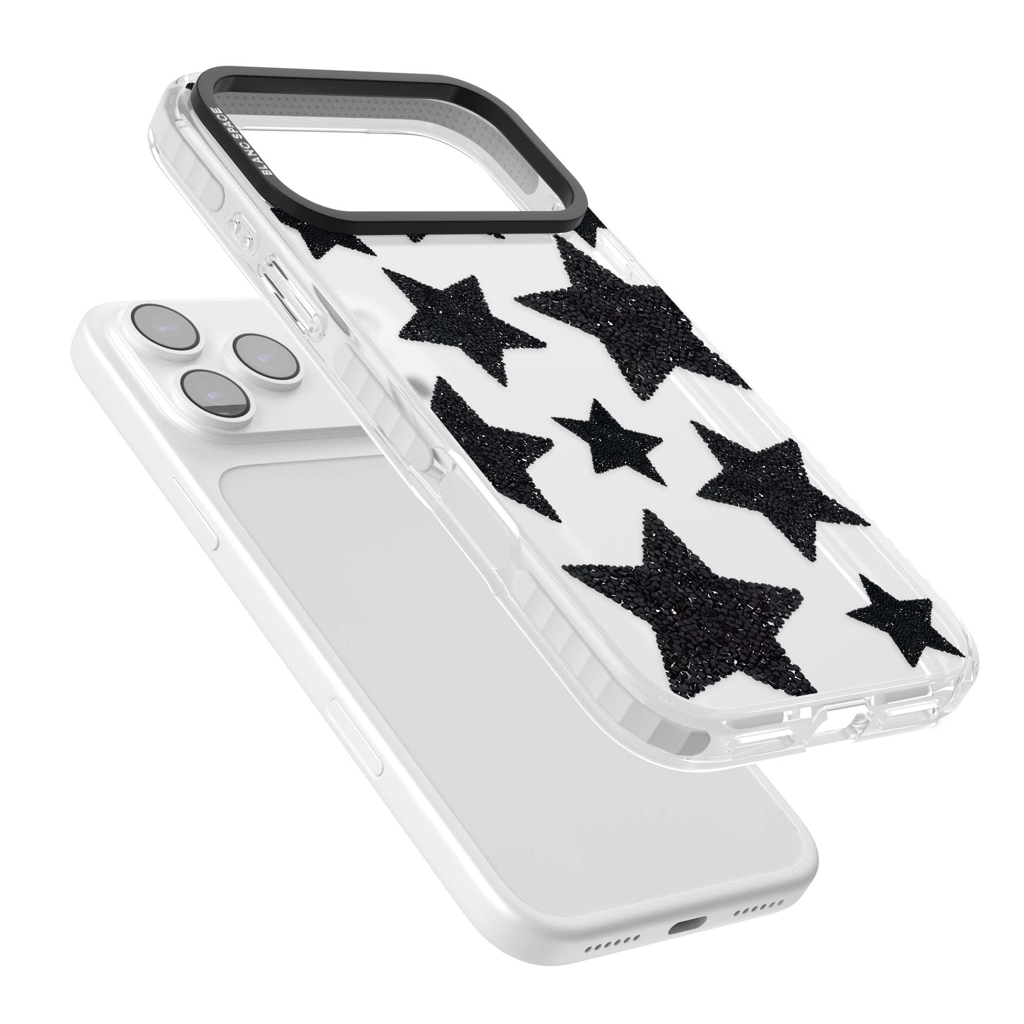 Beaded Black Stars celestial iPhone case featuring black glitter beaded stars scattered on a clear background | Black Impact case for iPhone 17 Pro, iPhone 17 Pro Max