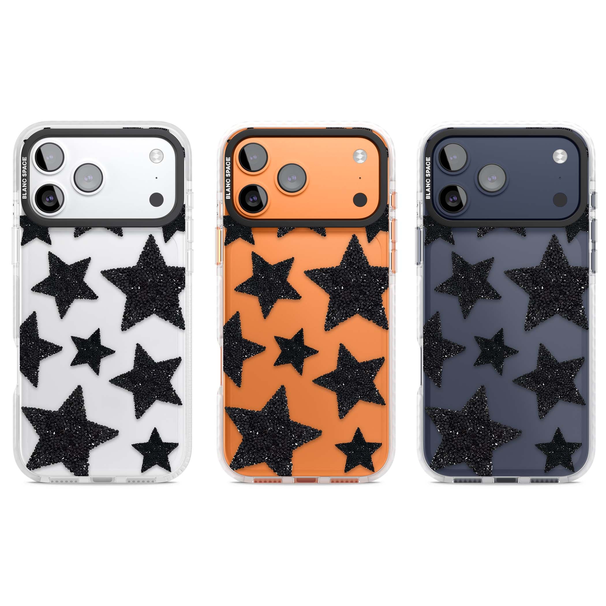 Beaded Black Stars celestial iPhone case featuring black glitter beaded stars scattered on a clear background | Black Impact case for iPhone 17 Pro, iPhone 17 Pro Max