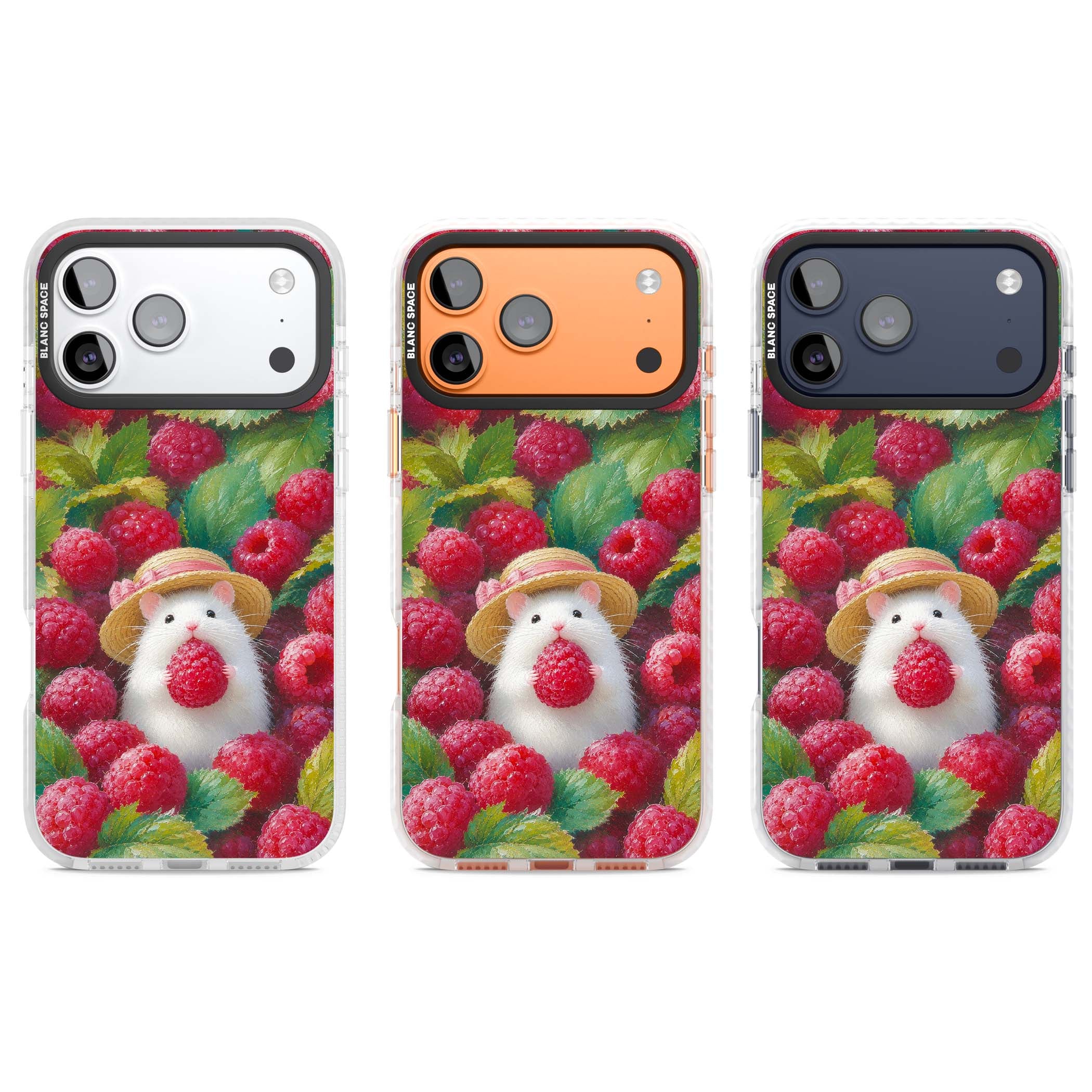 Berry Forager cottagecore iPhone case featuring a white hamster in a straw hat holding a raspberry surrounded by ripe ber | Black Impact case for iPhone 17 Pro, iPhone 17 Pro Max