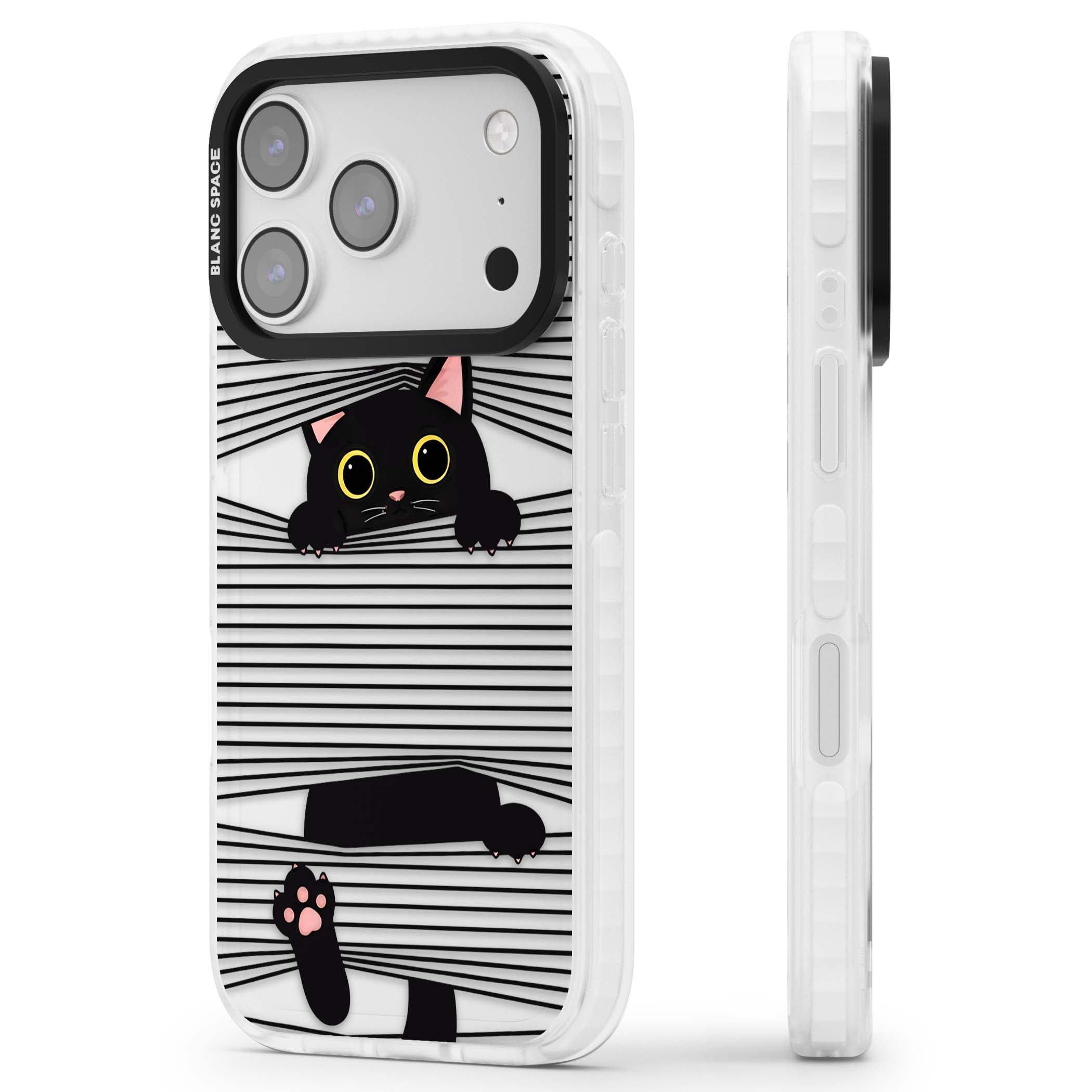 Peek-a-Boo Cat minimal iPhone case featuring black cat peeking through horizontal black and white stripes | Black Impact case for iPhone 17 Pro, iPhone 17 Pro Max
