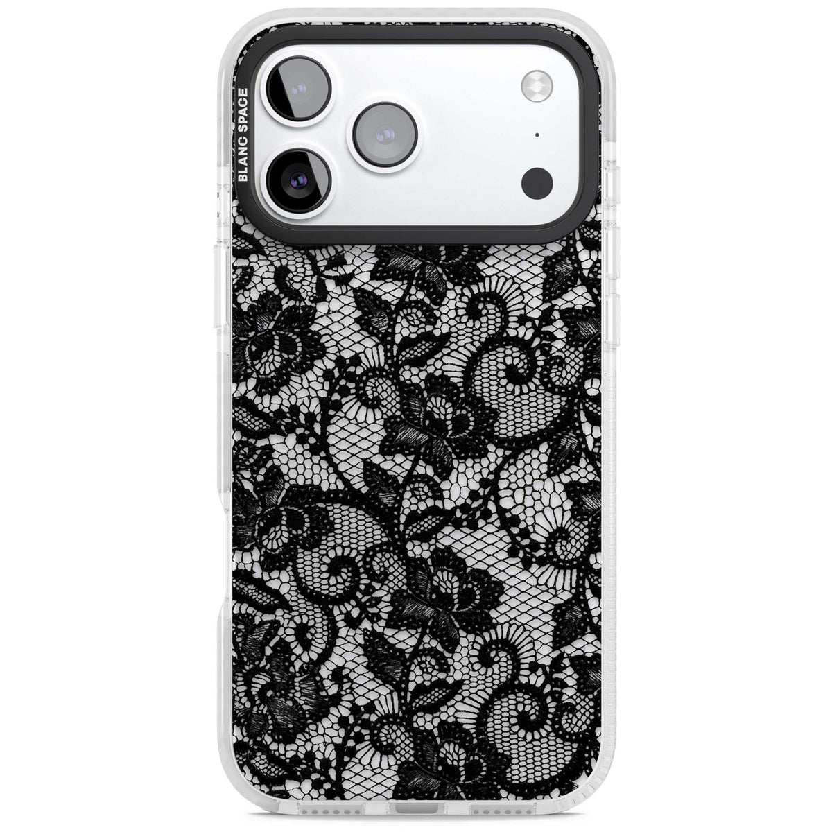 Black Lace gothic iPhone case featuring intricate black floral lace pattern with vintage whimsigoth detail | Black Impact case for iPhone 17 Pro, iPhone 17 Pro Max