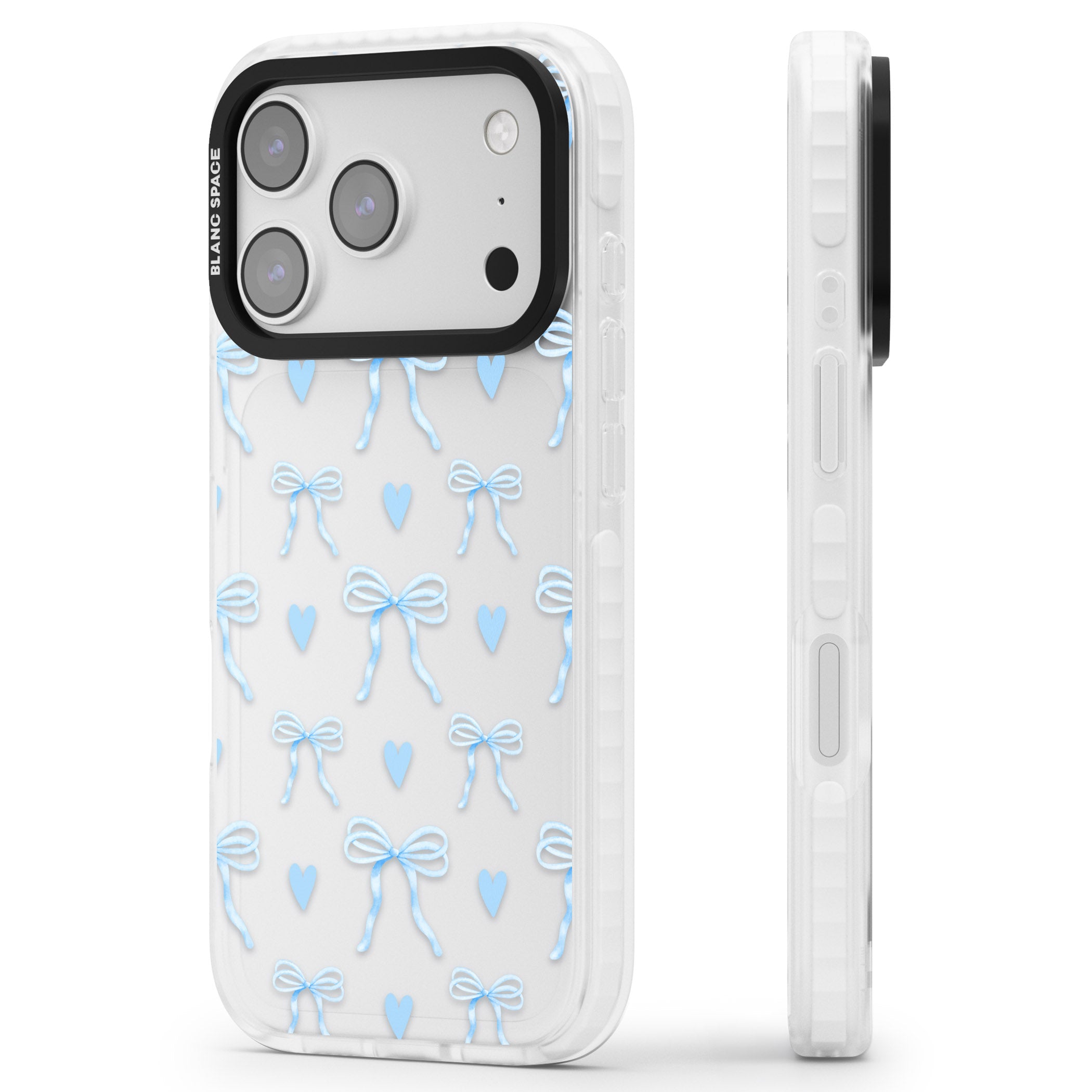 Blue Bows & Hearts iPhone 17 Pro Impact Clear Phone Case Side Profile