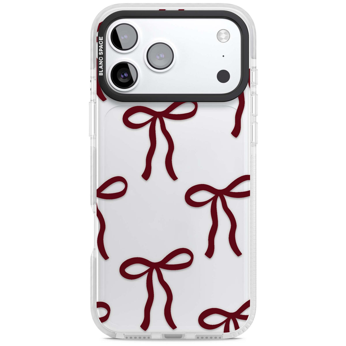 Burgundy Bows coquette iPhone case featuring hand-drawn burgundy red bows on a clear background | Black Impact case for iPhone 17 Pro, iPhone 17 Pro Max