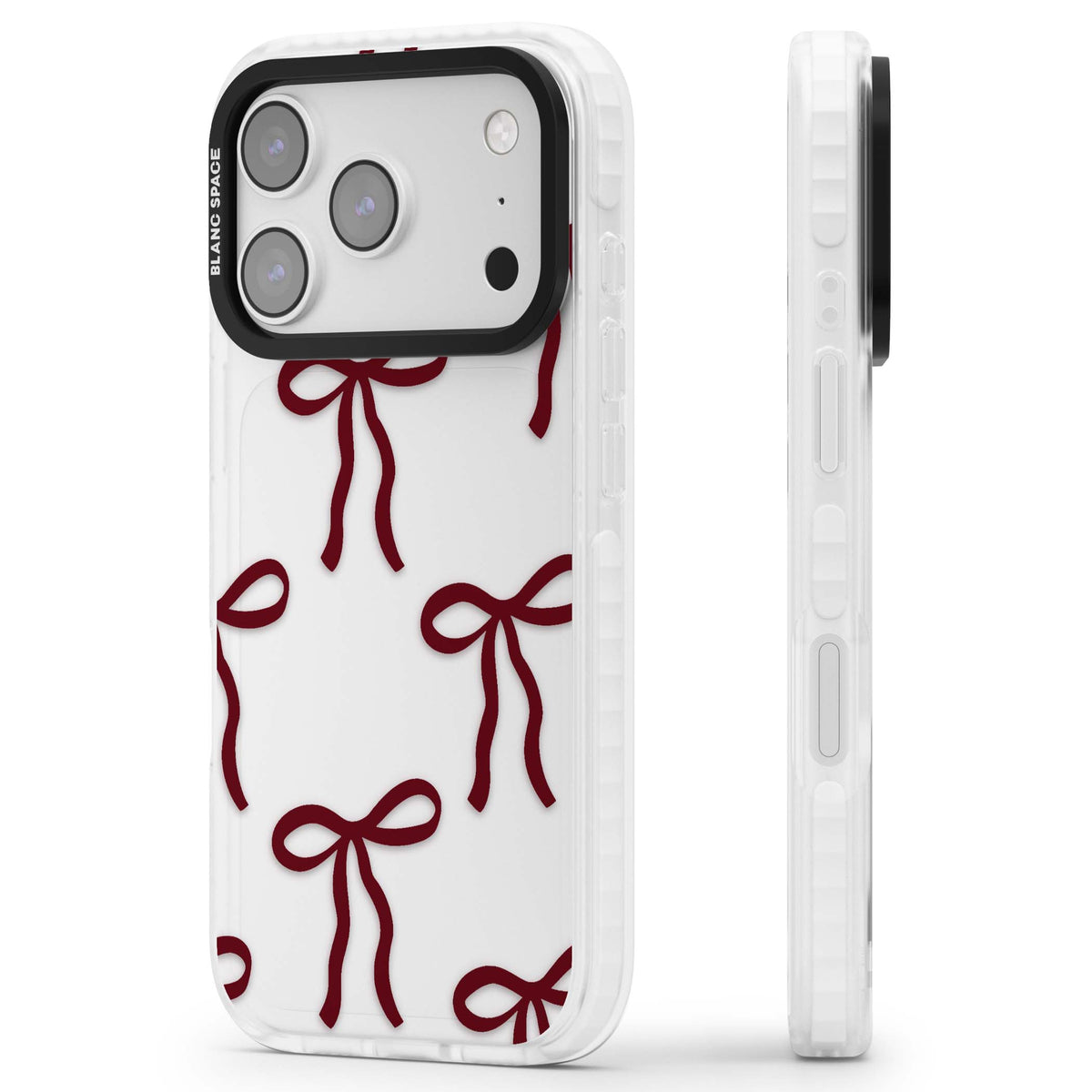 Burgundy Bows coquette iPhone case featuring hand-drawn burgundy red bows on a clear background | Black Impact case for iPhone 17 Pro, iPhone 17 Pro Max
