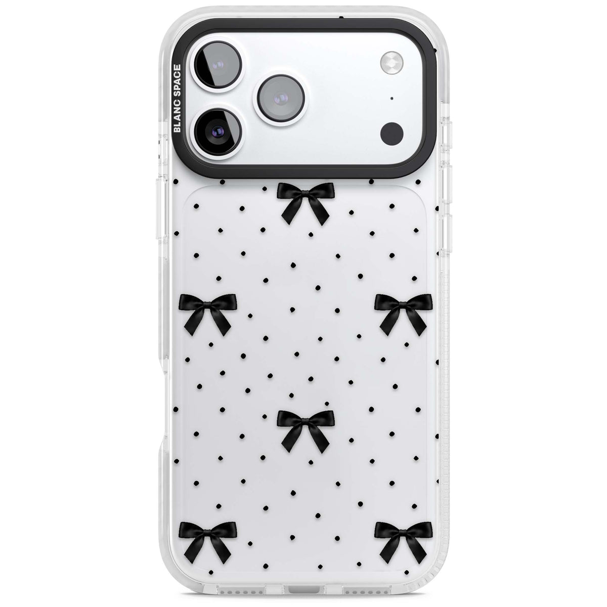 Black Polka Bows coquette iPhone case featuring scattered black satin bows and tiny polka dots on a clear base | Black Impact case for iPhone 17 Pro, iPhone 17 Pro Max