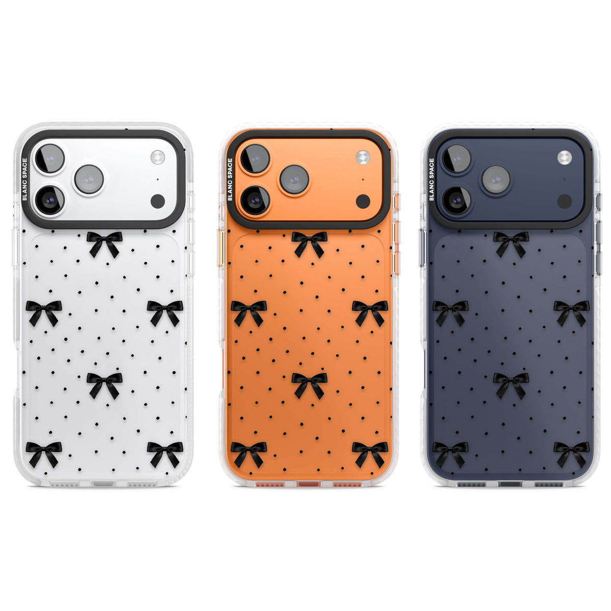 Black Polka Bows coquette iPhone case featuring scattered black satin bows and tiny polka dots on a clear base | Black Impact case for iPhone 17 Pro, iPhone 17 Pro Max