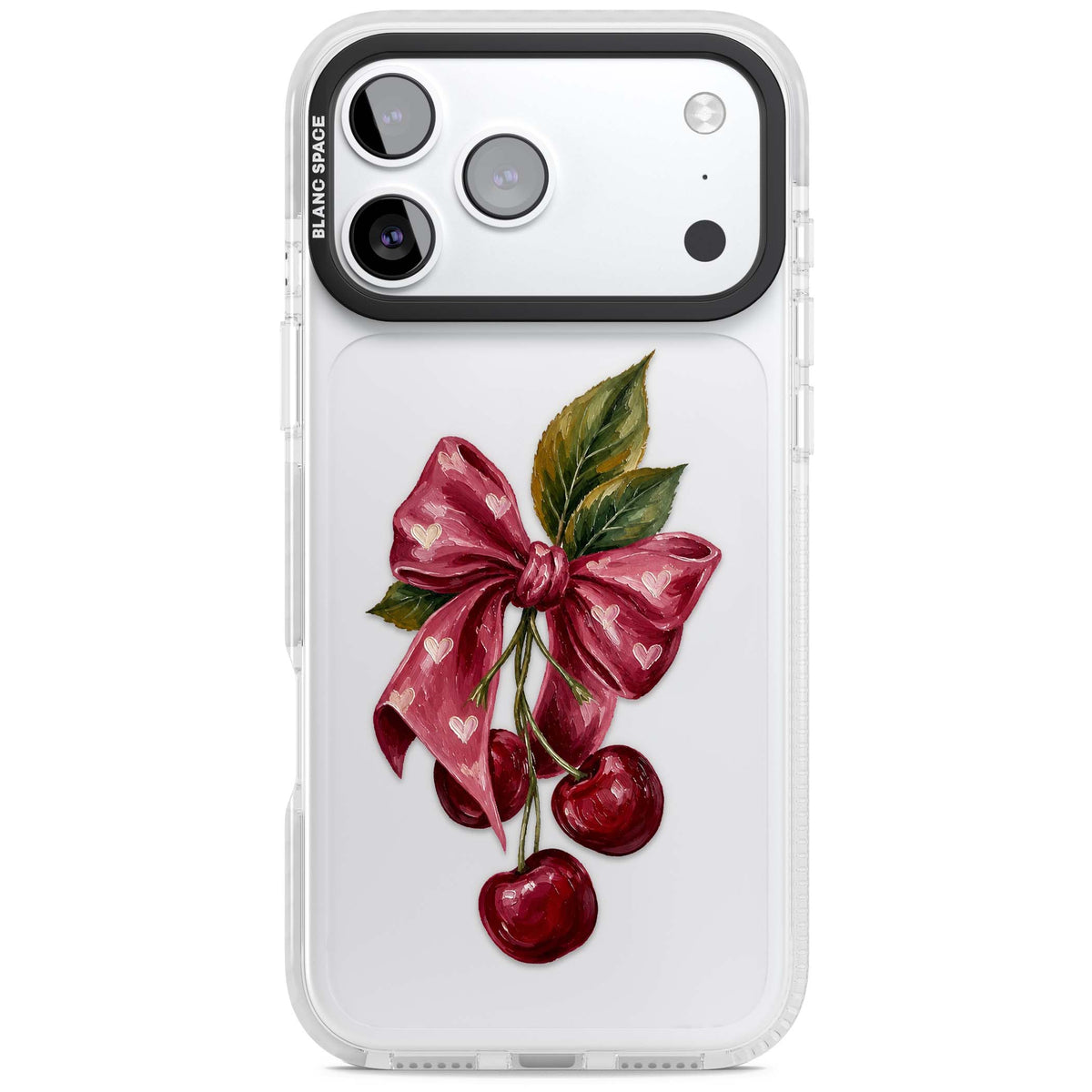 Cherry Sonnet coquette iPhone case featuring painted red cherries, a pink heart-dotted bow and vintage leaves | Black Impact case for iPhone 17 Pro, iPhone 17 Pro Max