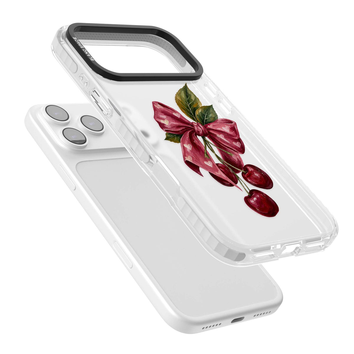 Cherry Sonnet coquette iPhone case featuring painted red cherries, a pink heart-dotted bow and vintage leaves | Black Impact case for iPhone 17 Pro, iPhone 17 Pro Max