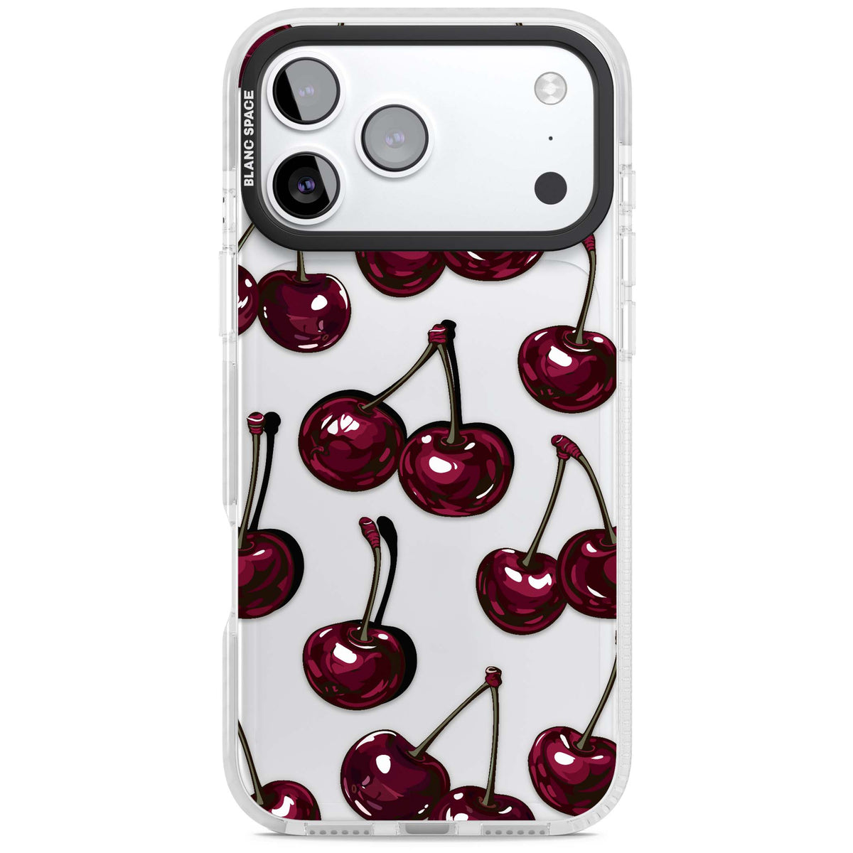 Cherry Wine coquette iPhone case featuring glossy burgundy cherries, curling stems and y2k fruit wallpaper print | Black Impact case for iPhone 17 Pro, iPhone 17 Pro Max