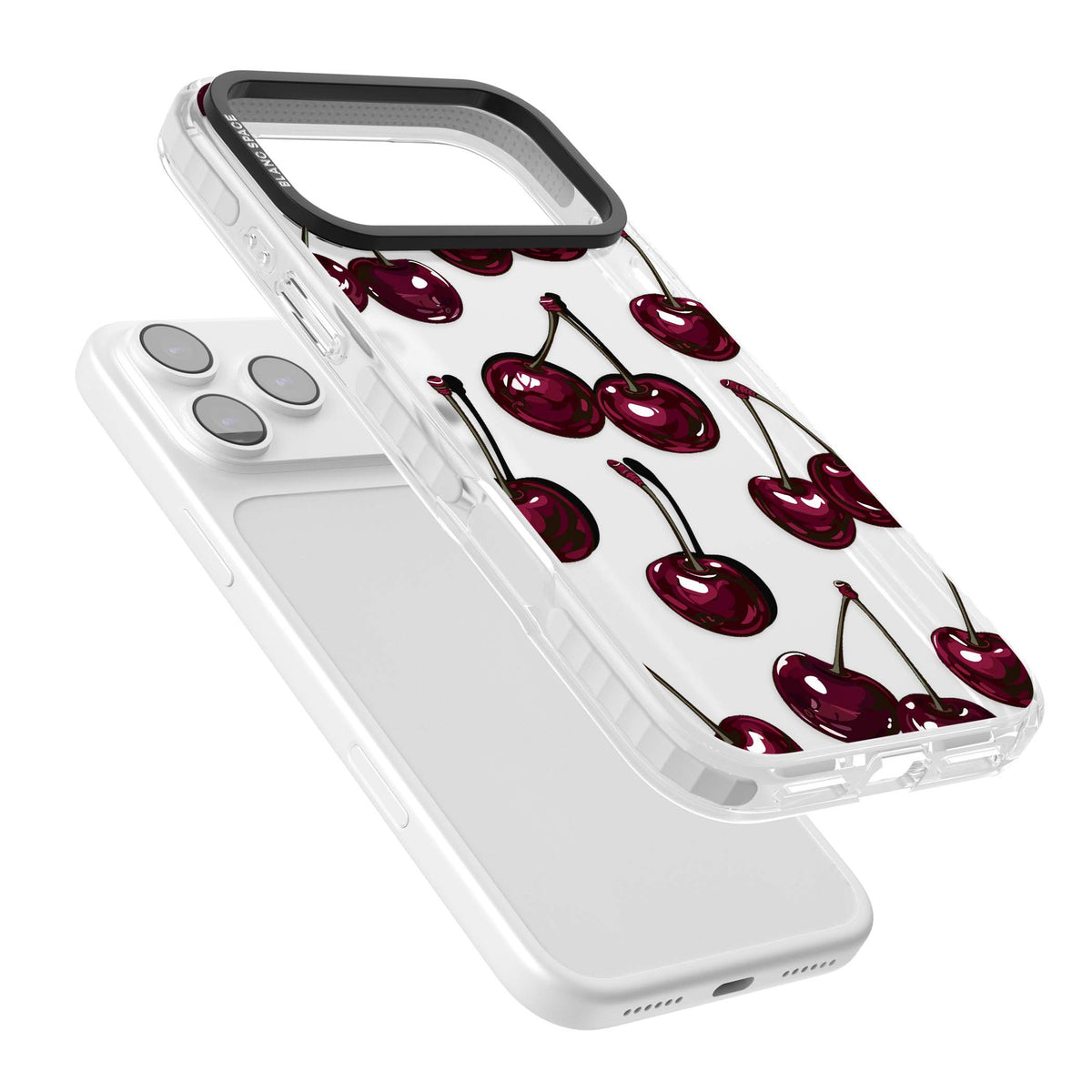 Cherry Wine coquette iPhone case featuring glossy burgundy cherries, curling stems and y2k fruit wallpaper print | Black Impact case for iPhone 17 Pro, iPhone 17 Pro Max