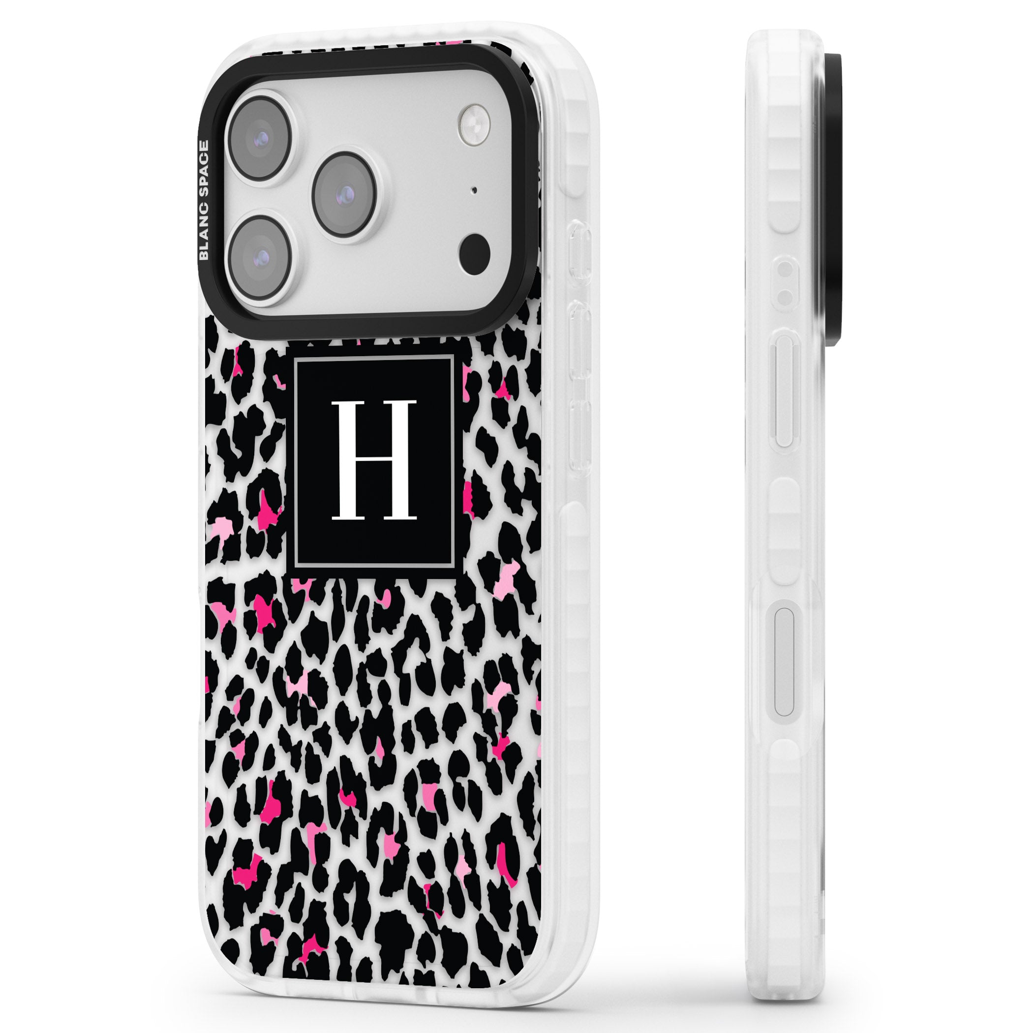 Personalised Clear Pink Leopard Monogram iPhone 17 Pro Impact Clear Phone Case Side Profile