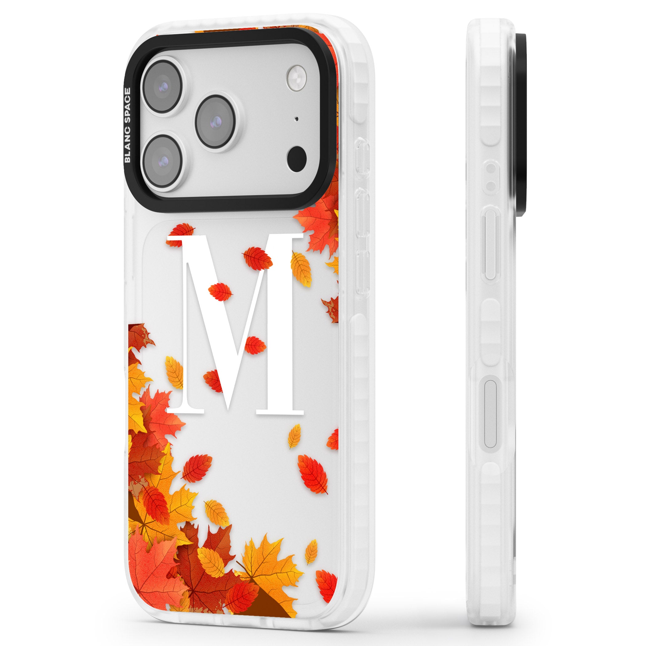 Personalised Autumn Leaves Monogram iPhone 17 Pro Impact Clear Phone Case Side Profile