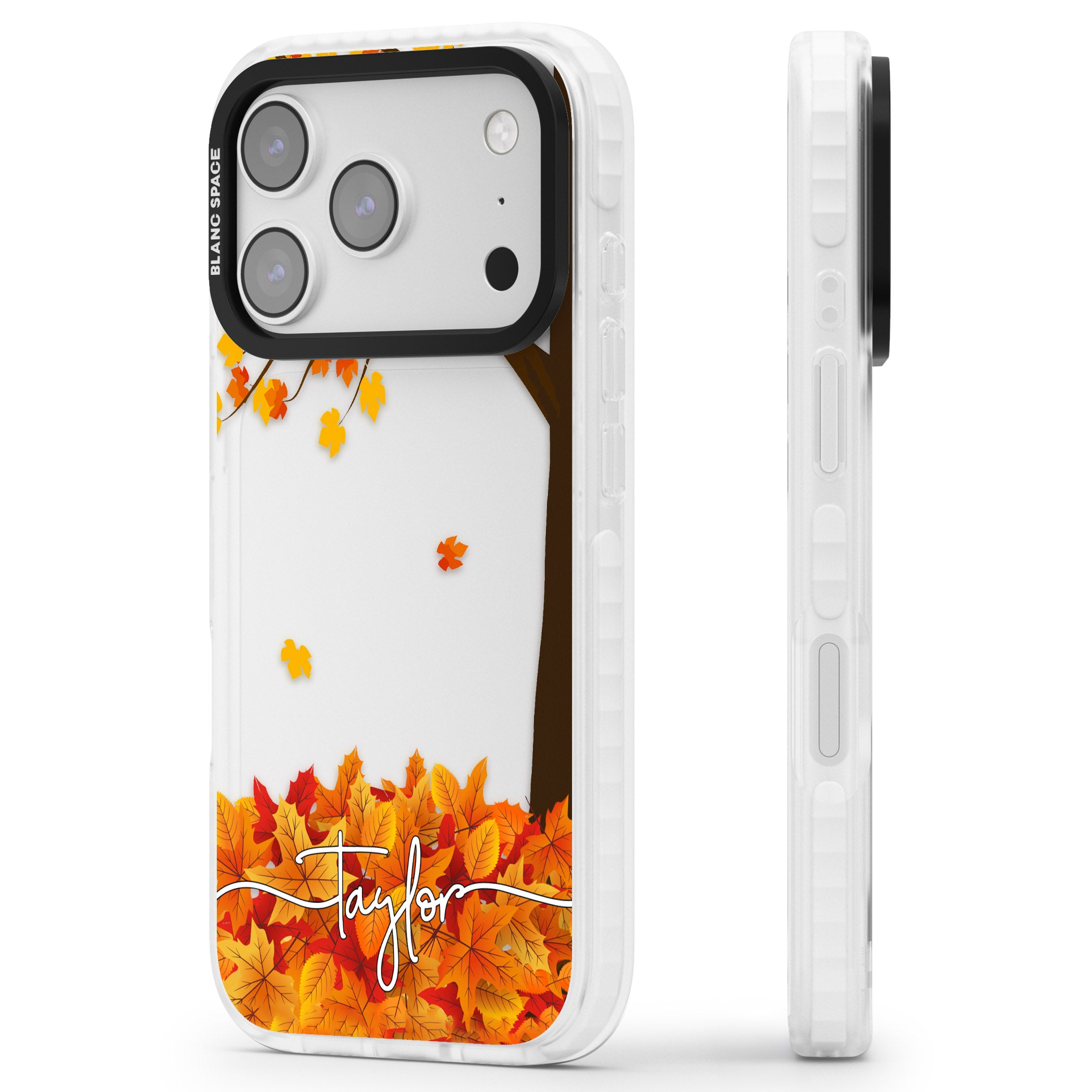 Personalised Autumn Leaves iPhone 17 Pro Impact Clear Phone Case Side Profile