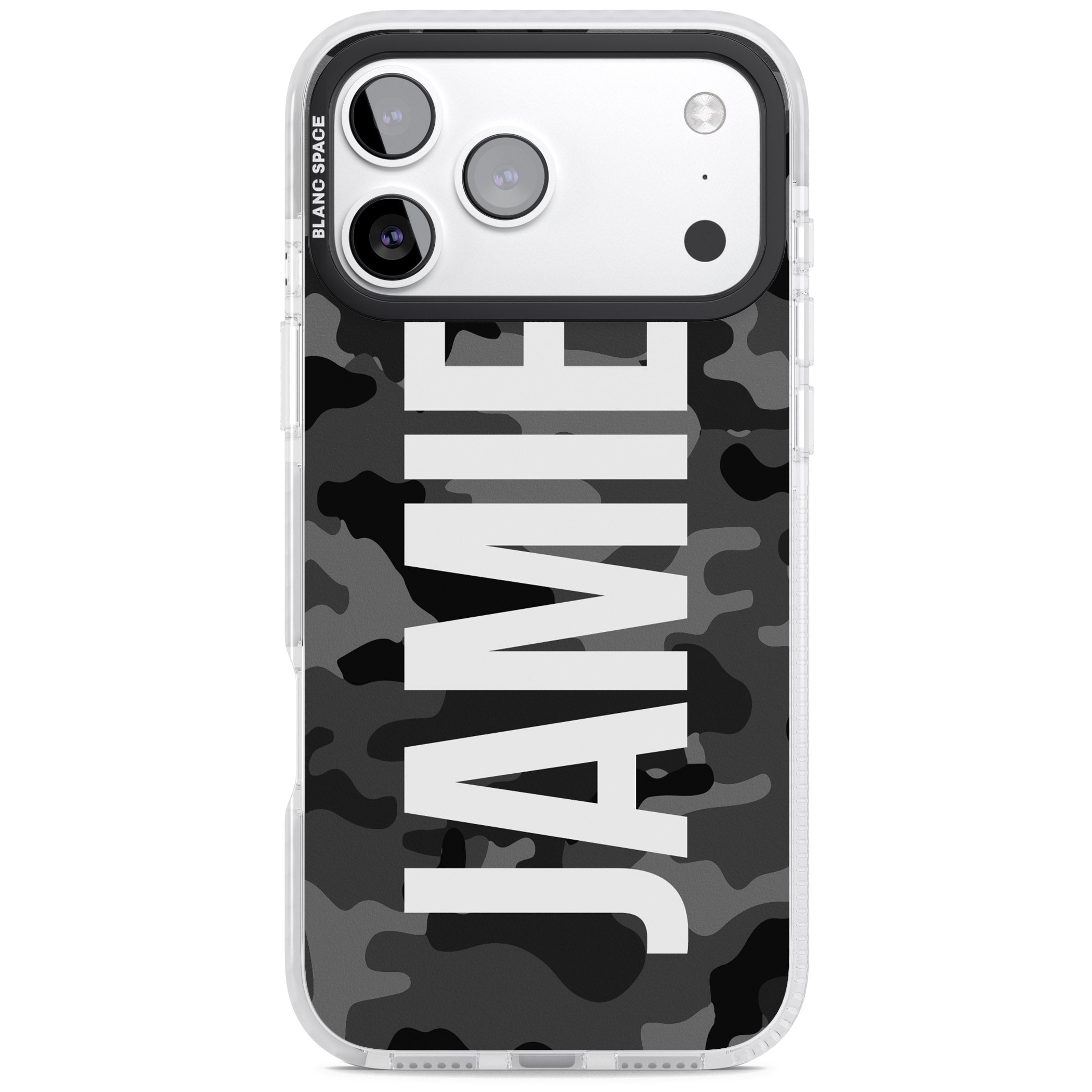 Personalised Black Camo Name Vertical iPhone 17 Pro Impact Clear Phone Case