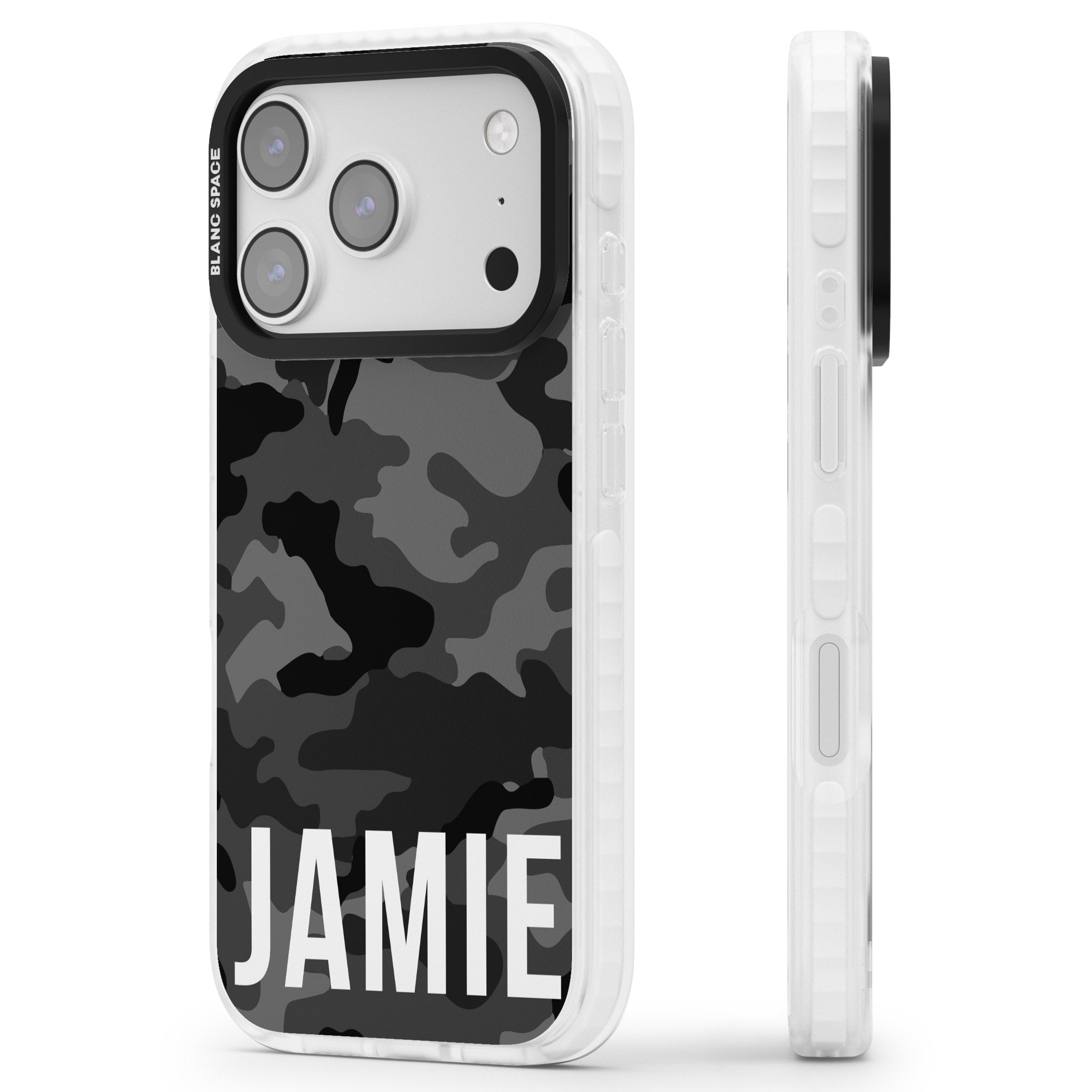 Personalised Black Camo Name Horizontal iPhone 17 Pro Impact Clear Phone Case Side Profile