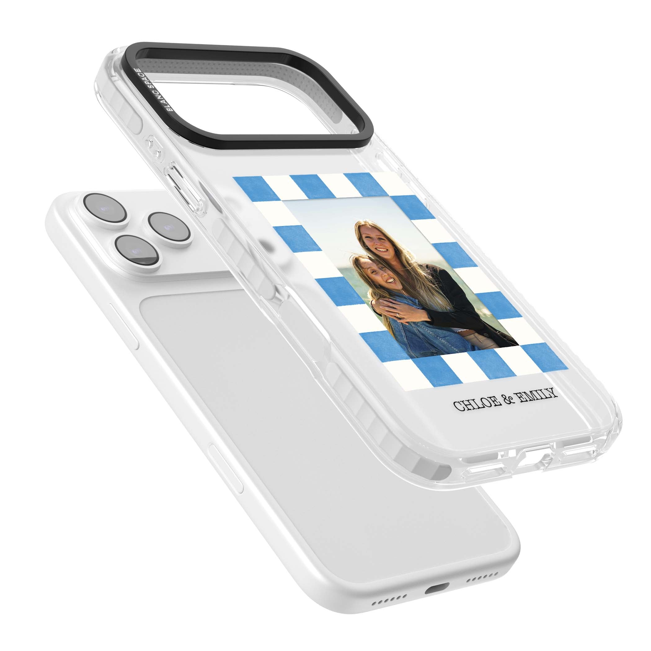 Blue Check Photo personalised photo iPhone case with blue checkered frame and custom couple names | Black Impact case for iPhone 17 Pro, iPhone 17 Pro Max