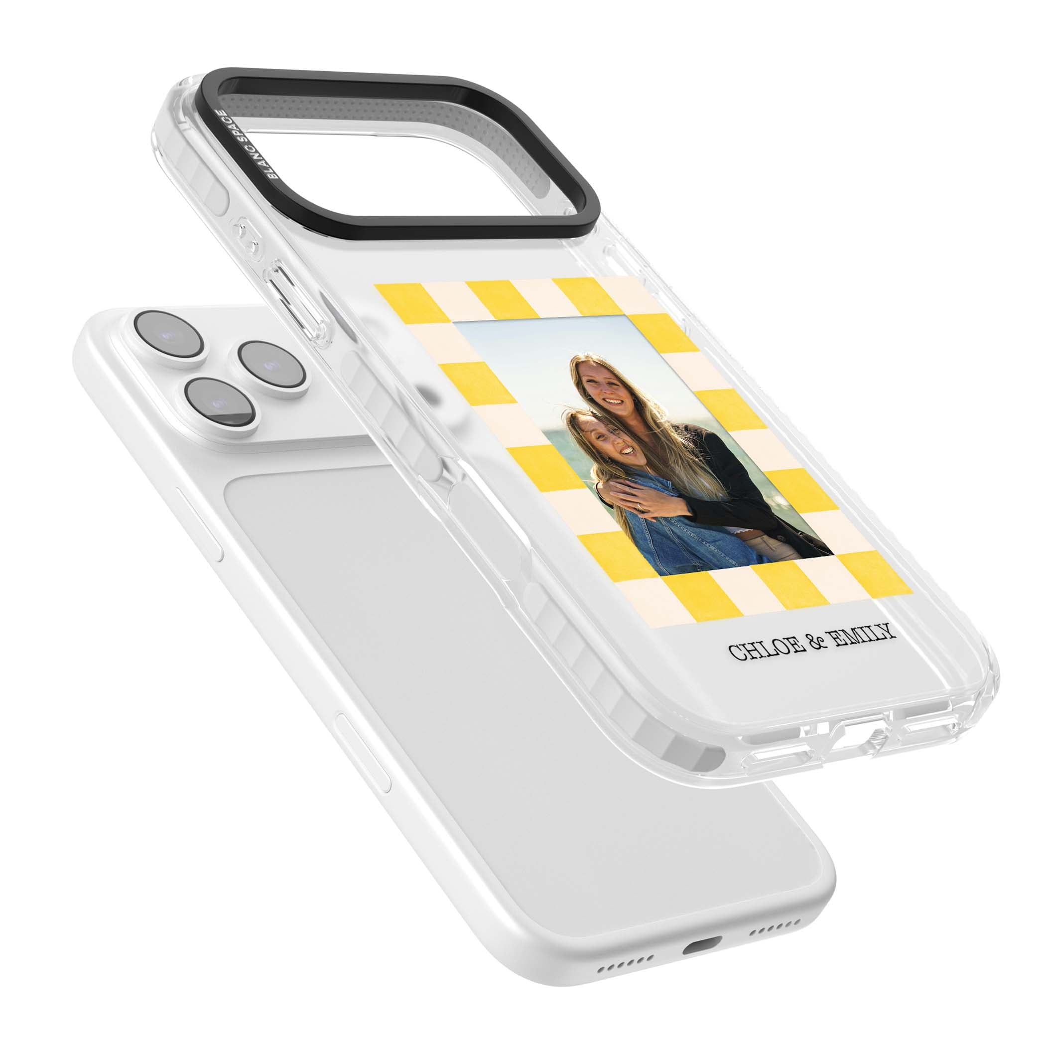 Yellow Check Photo personalised iPhone case with yellow checkered Polaroid frame and custom names beneath | Black Impact case for iPhone 17 Pro, iPhone 17 Pro Max