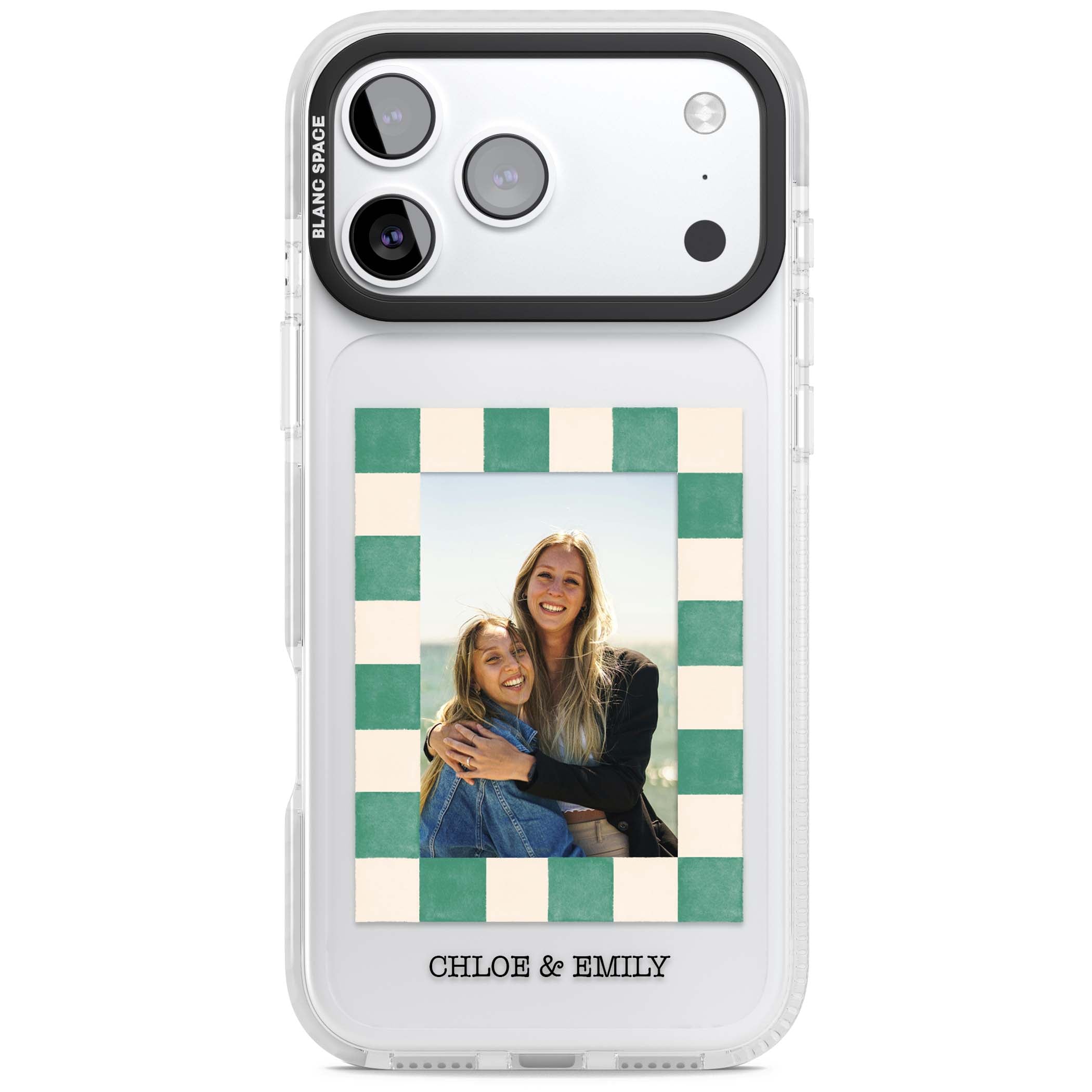 Seafoam Check Photo personalised iPhone case featuring a custom polaroid photo, green and cream checkered frame, and custom n | Black Impact case for iPhone 17 Pro, iPhone 17 Pro Max