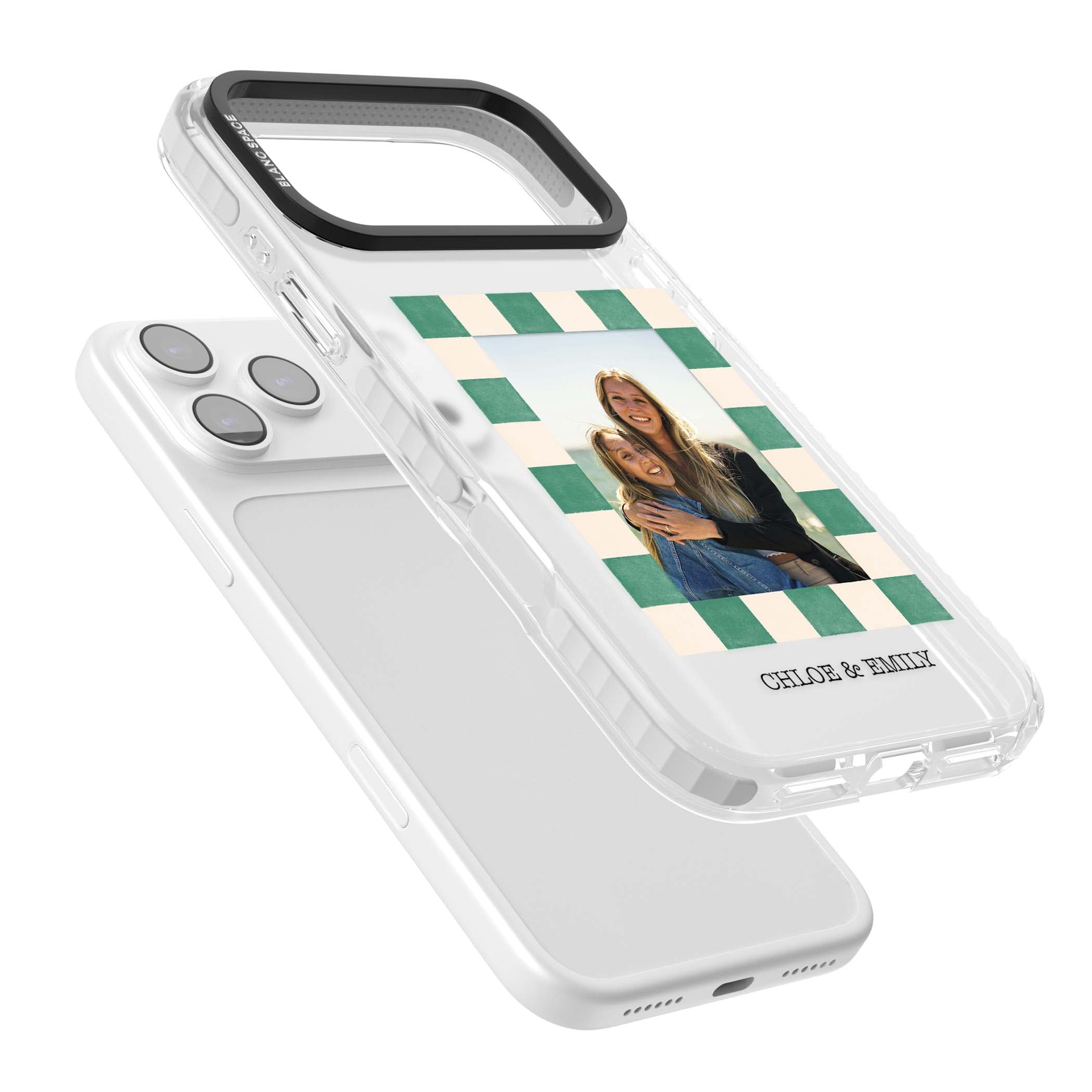Seafoam Check Photo personalised iPhone case featuring a custom polaroid photo, green and cream checkered frame, and custom n | Black Impact case for iPhone 17 Pro, iPhone 17 Pro Max