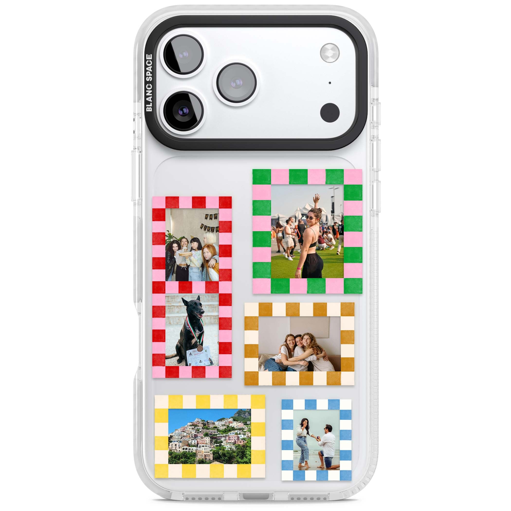 Italian Check Frames custom photo collage iPhone case featuring six checkered photo frames in red, green, pink and | Black Impact case for iPhone 17 Pro, iPhone 17 Pro Max