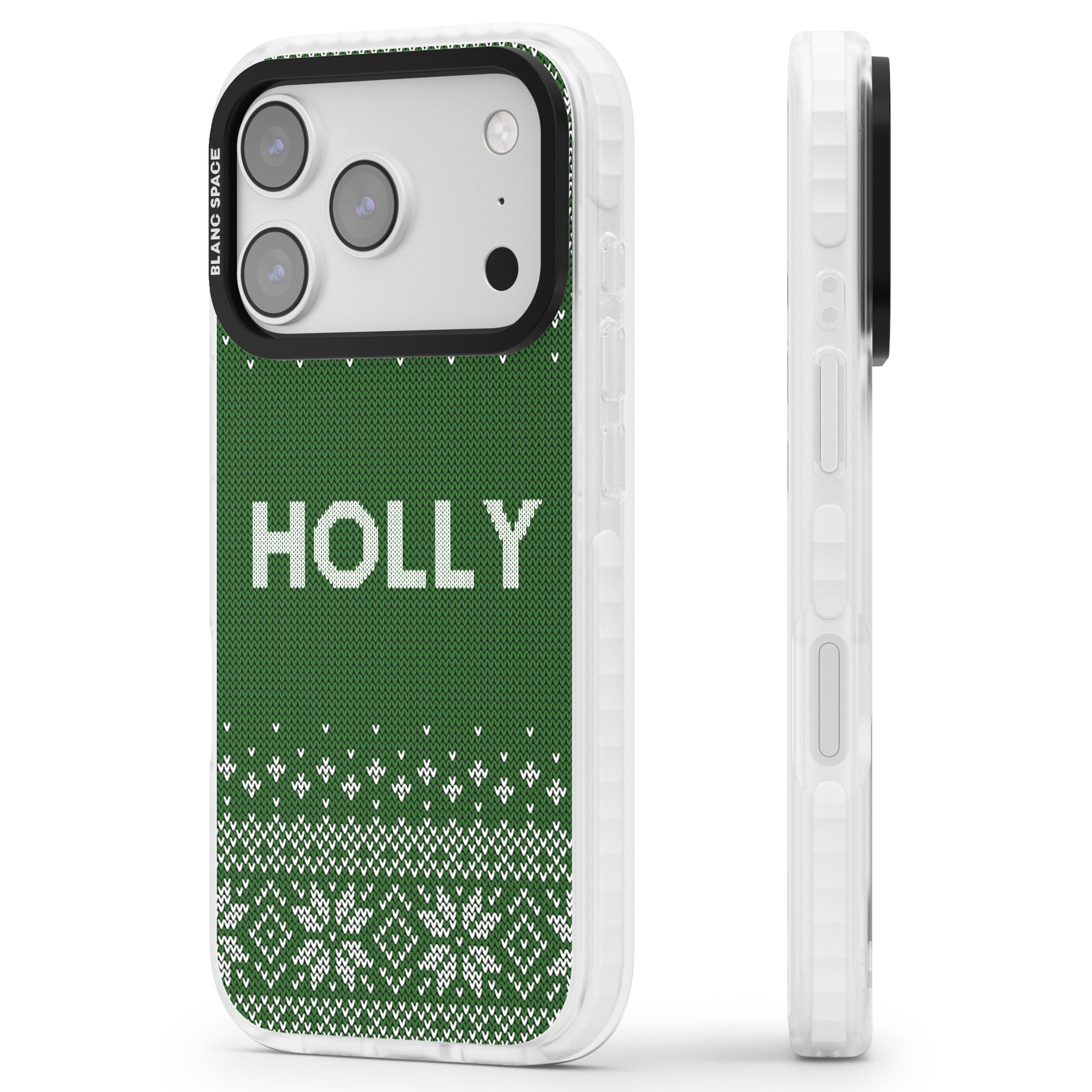 Personalised Green Christmas Knit iPhone 17 Pro Impact Clear Phone Case Side Profile