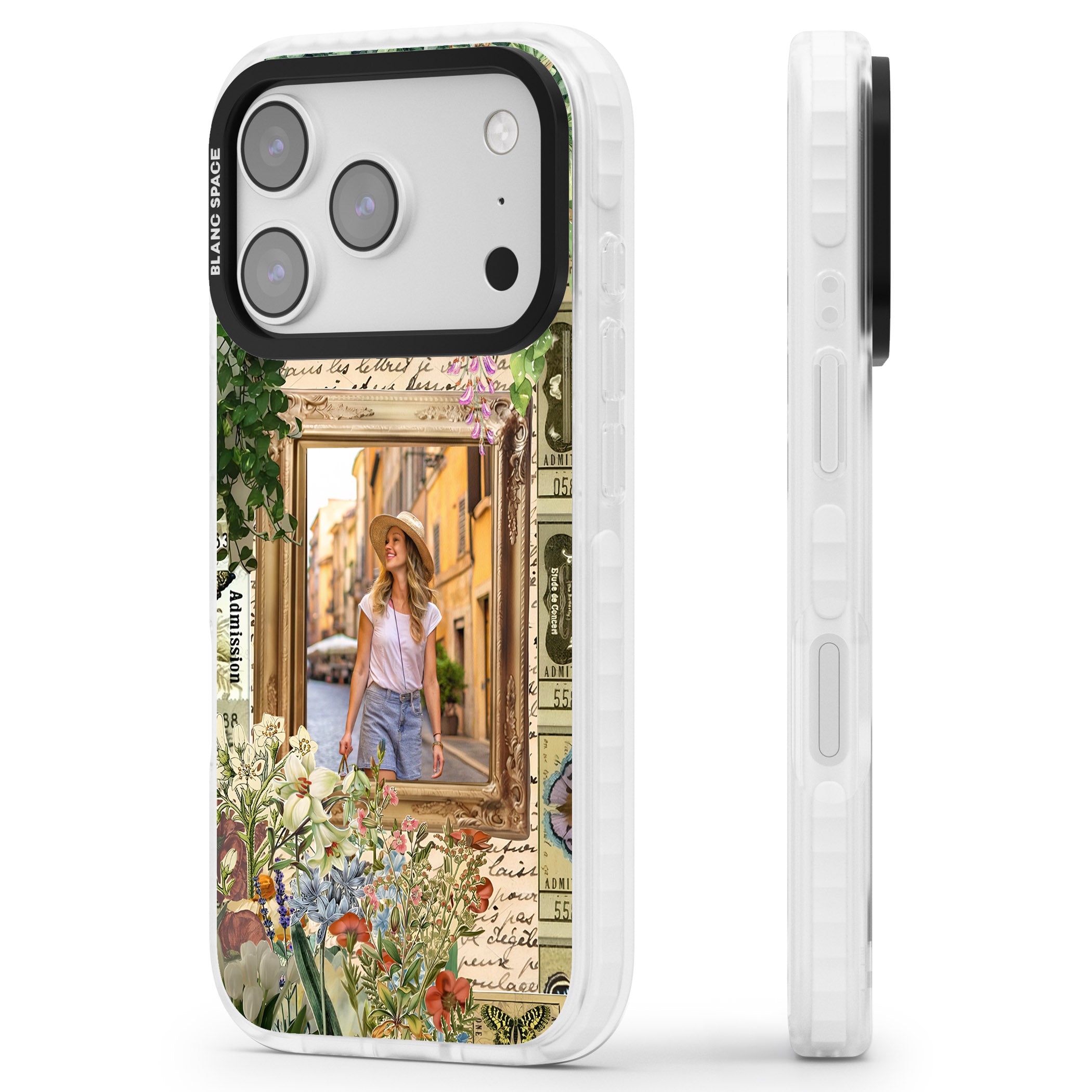 Personalised Tuscan Floral Collage Frame iPhone 17 Pro Impact Clear Phone Case Side Profile