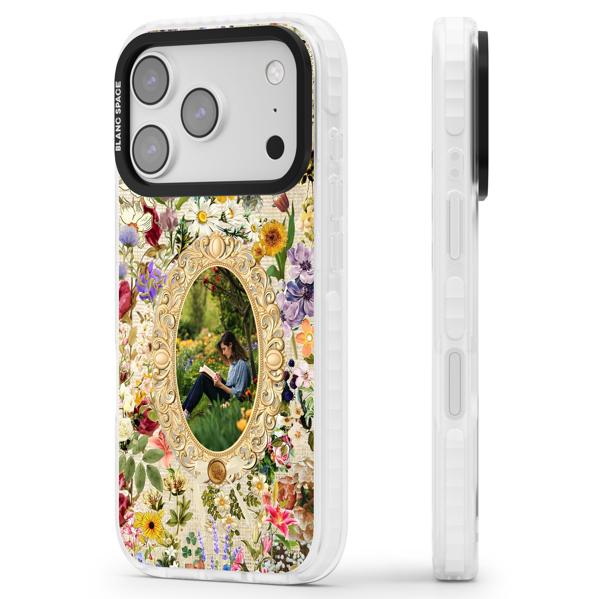 Personalised Vintage Wildflower Frame iPhone 17 Pro Impact Clear Phone Case Side Profile