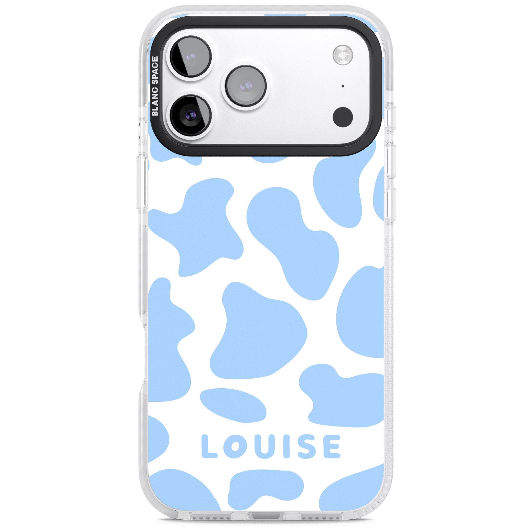 Personalised Blue And White Cow Print iPhone 17 Pro Impact Clear Phone Case