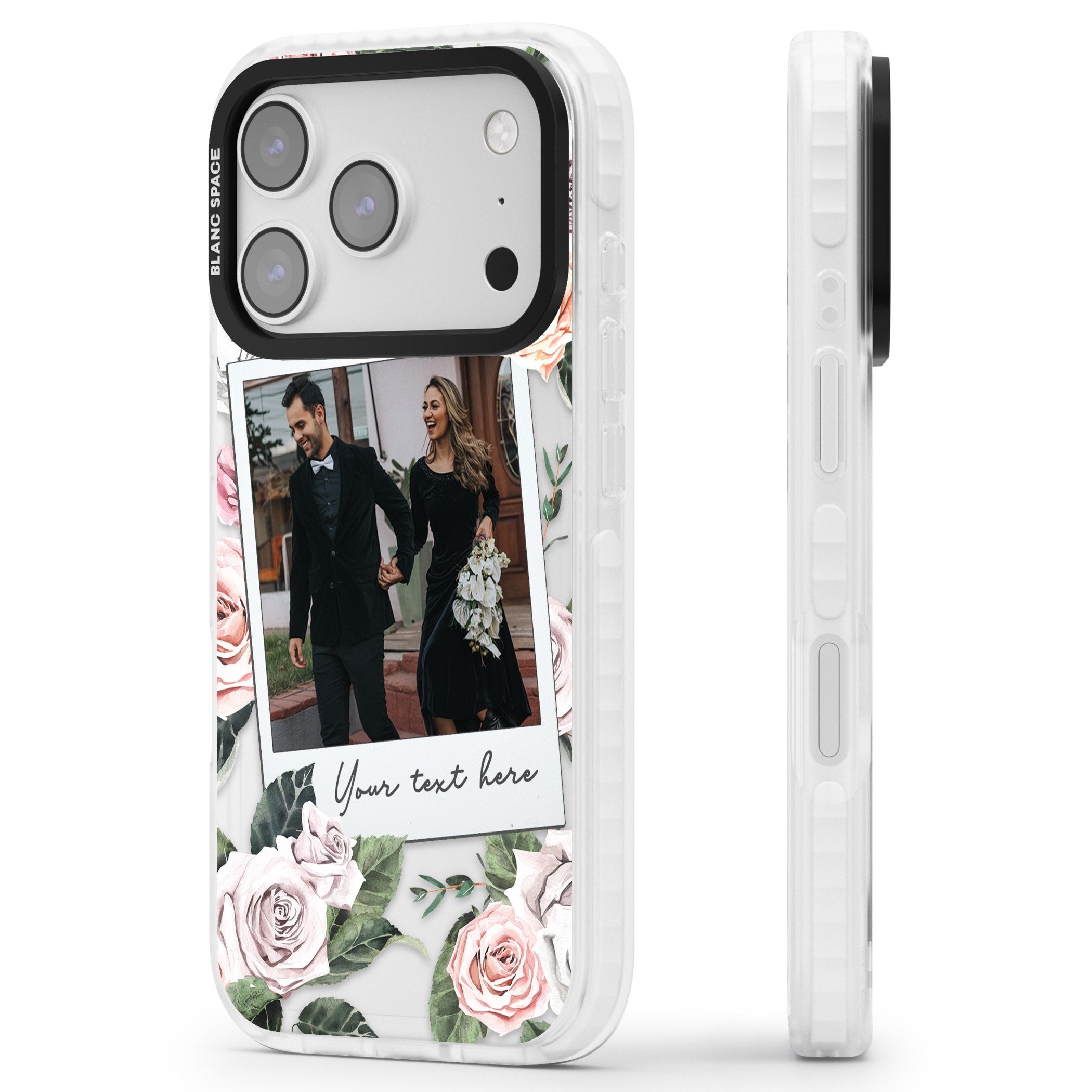 Personalised Floral Instant Camera Photo iPhone 17 Pro Impact Clear Phone Case Side Profile