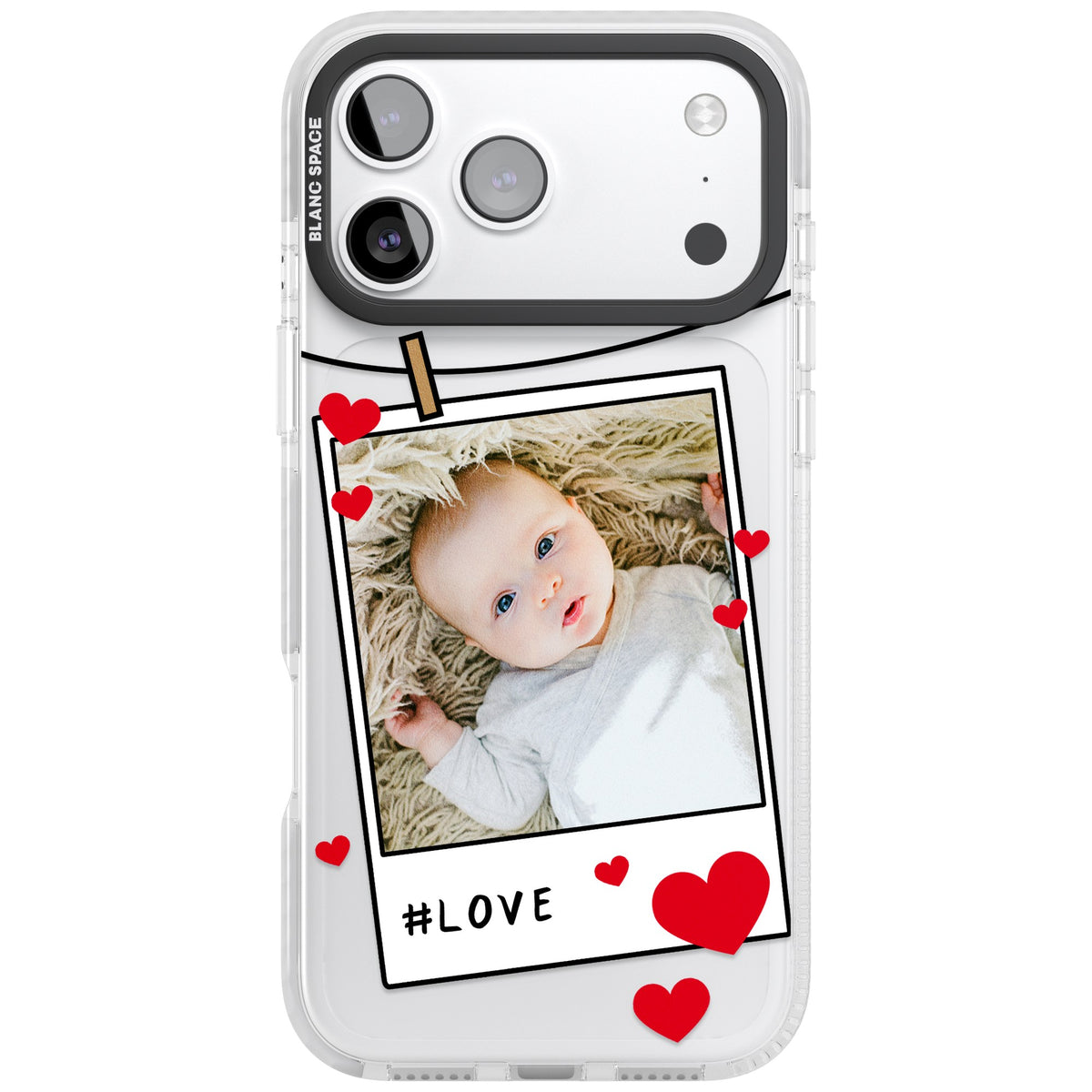Personalised Paperclip & Hearts Polaroid iPhone 17 Pro Max Impact Clear Phone Case front