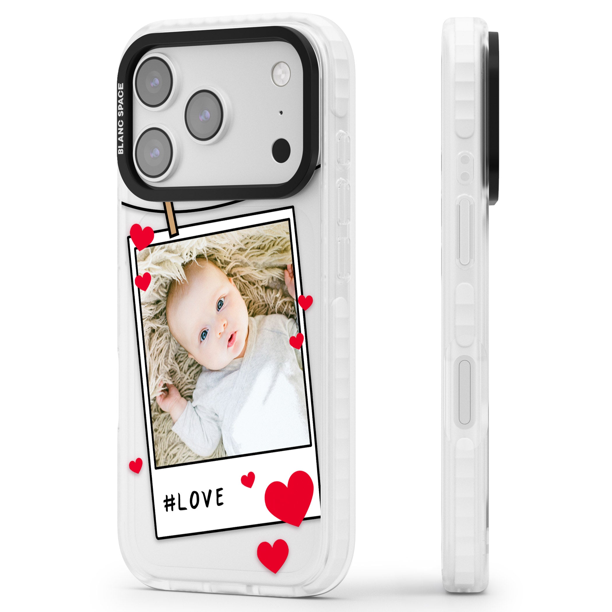 Personalised Paperclip & Hearts Instant Camera Photo iPhone 17 Pro Impact Clear Phone Case Side Profile