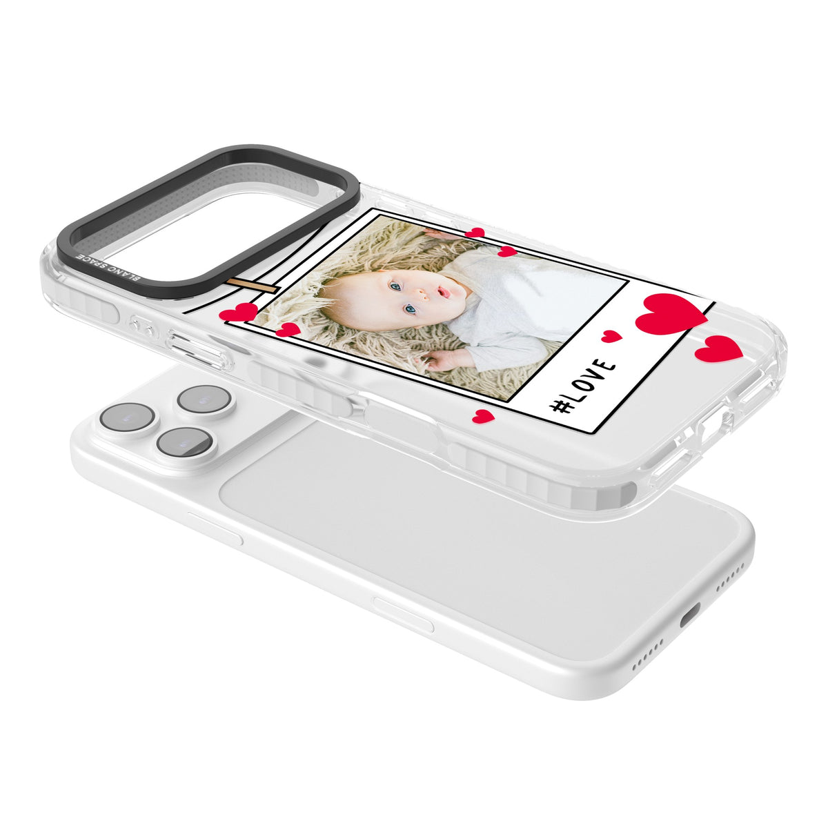 Personalised Paperclip & Hearts Polaroid iPhone 17 Pro Max Impact Clear Phone Case angled