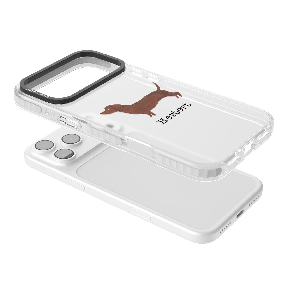Personalised Sausage Dog iPhone 17 Pro Max Impact Clear Phone Case angled