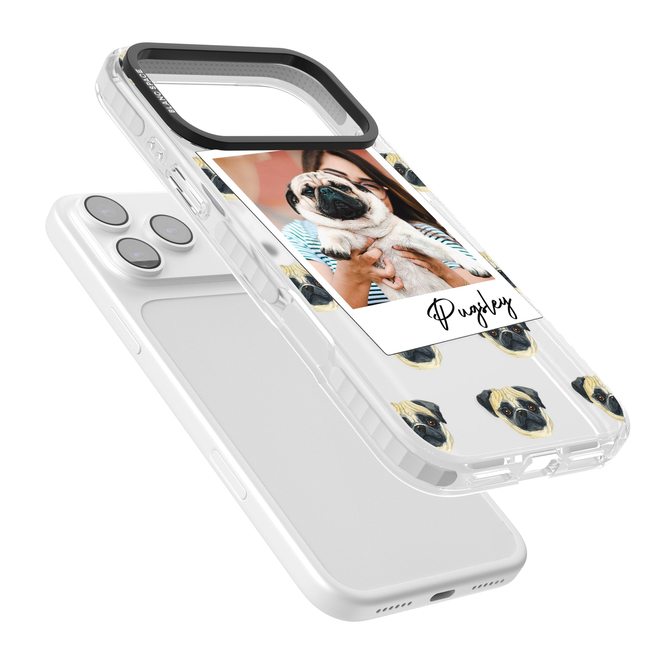 Personalised Pug Instant Camera Photo iPhone 17 Pro Impact Clear Phone Case Colours