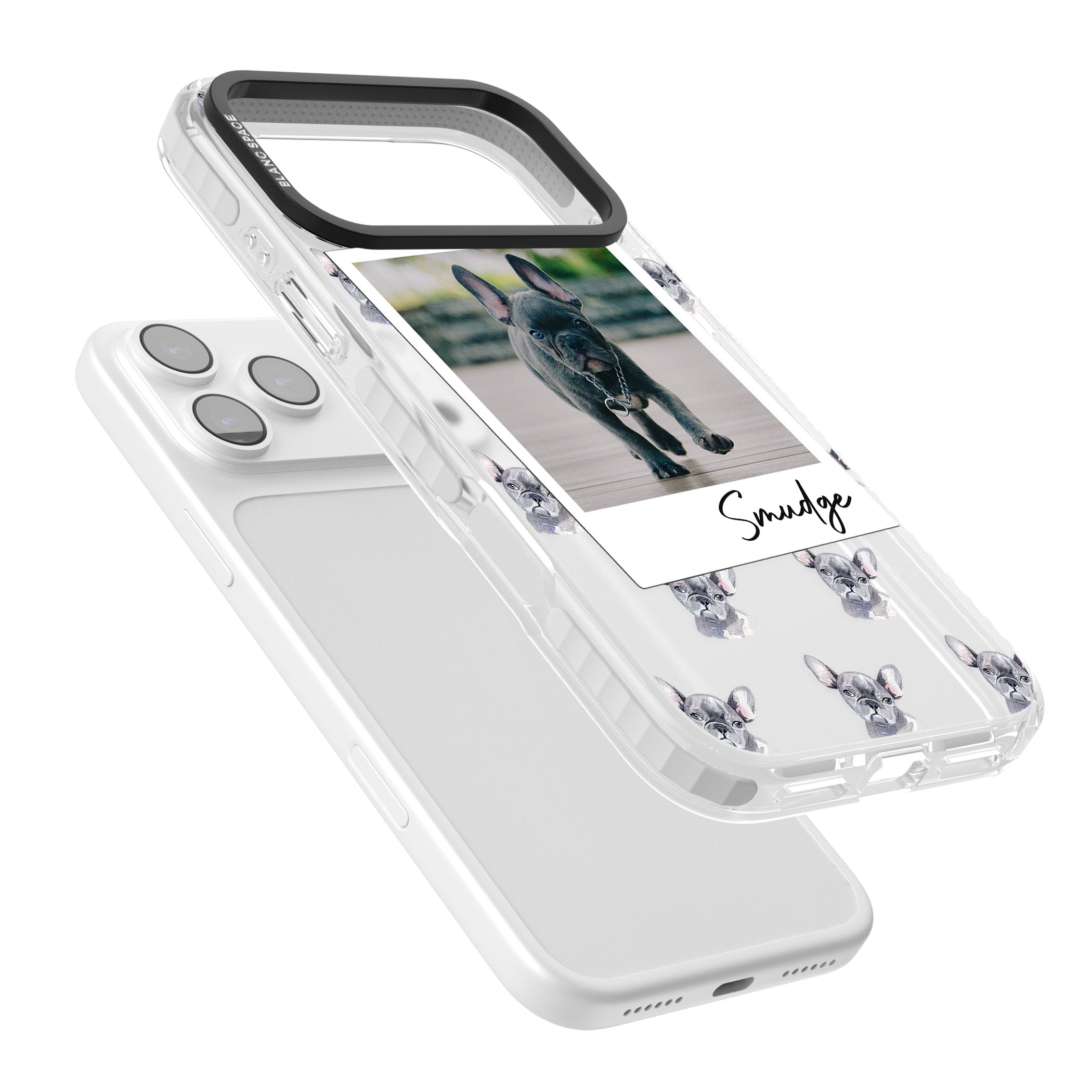 Personalised Grey French Bulldog Instant Camera Photo iPhone 17 Pro Impact Clear Phone Case Colours