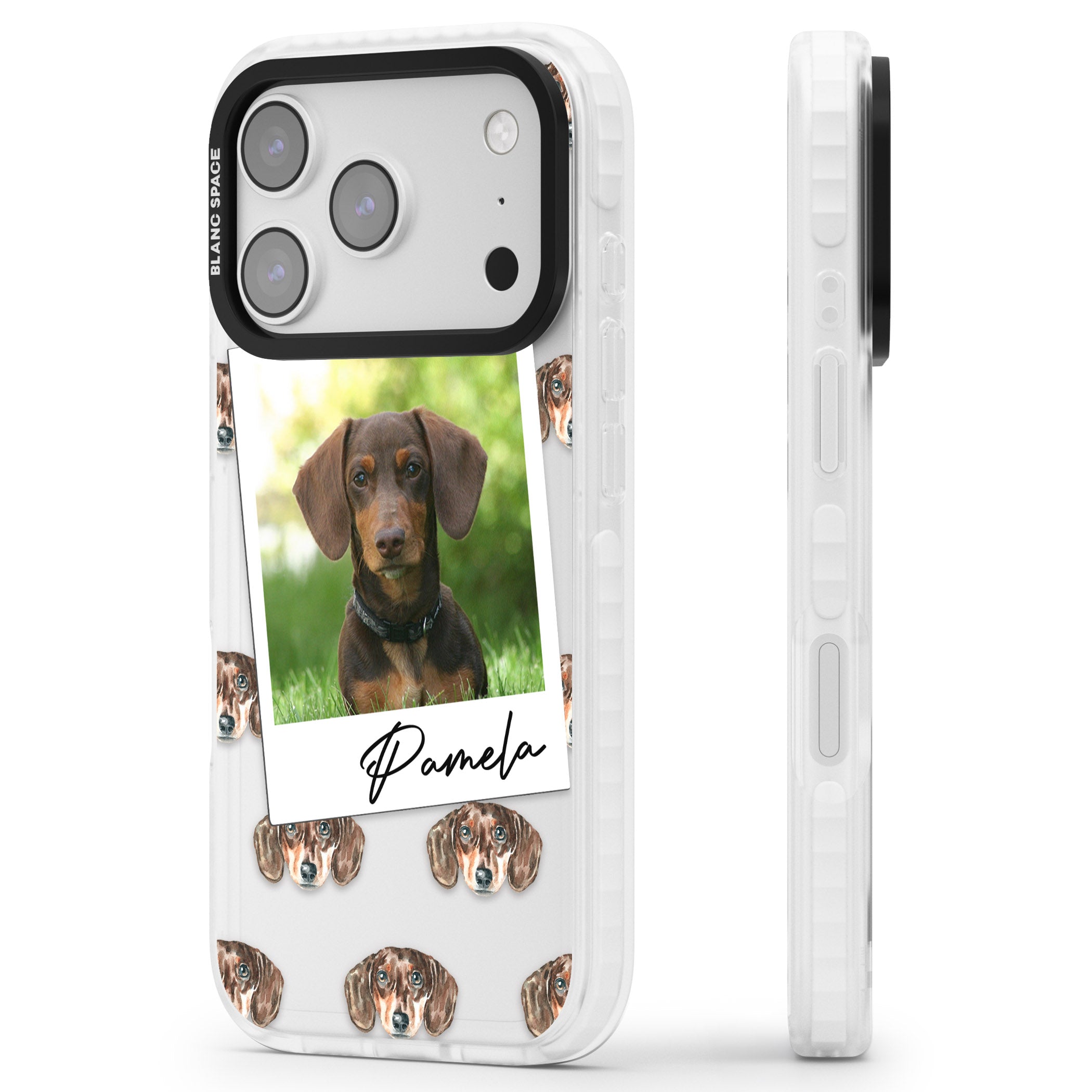 Personalised Brown Dachshund Instant Camera Photo iPhone 17 Pro Impact Clear Phone Case Side Profile