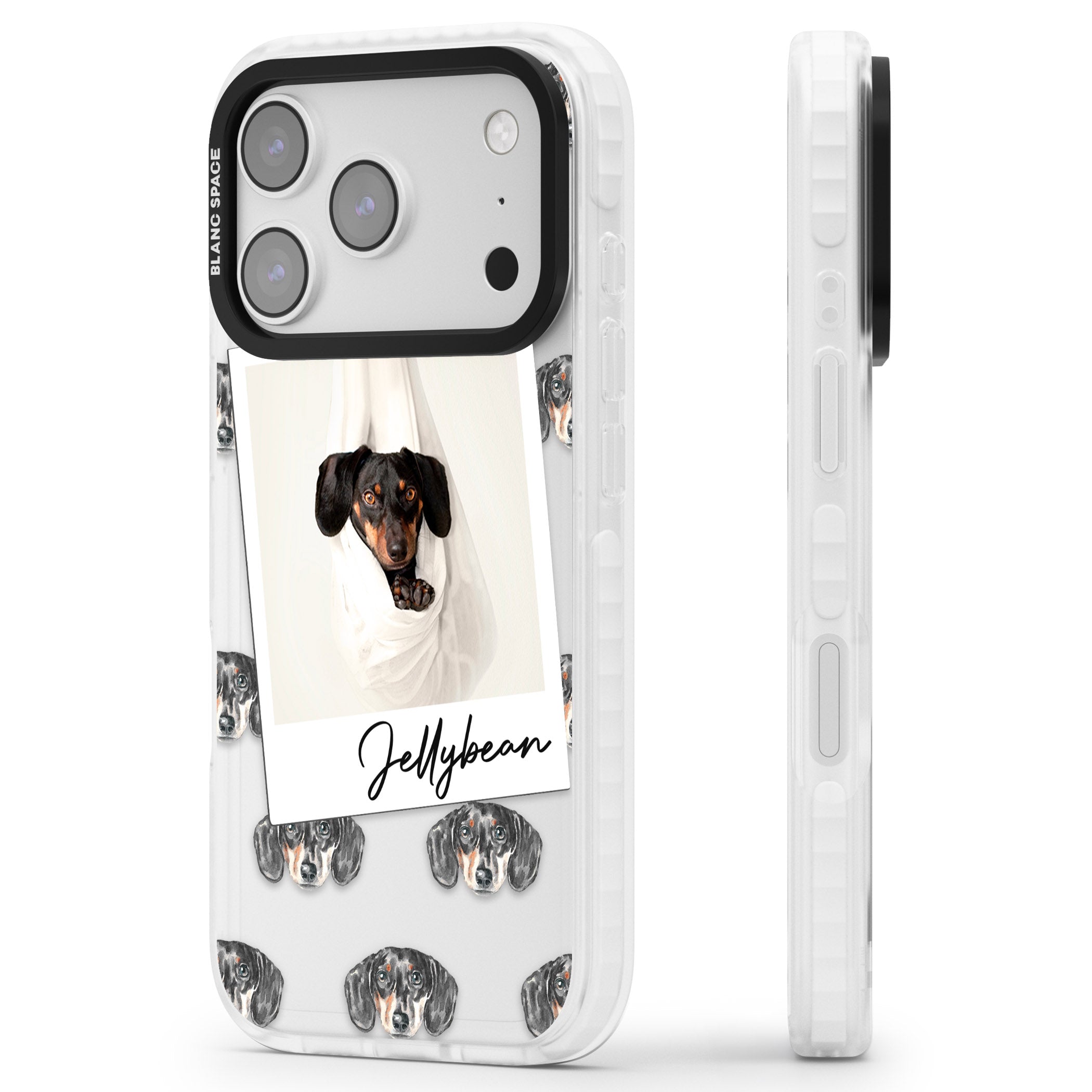 Personalised Black Dachshund Instant Camera Photo iPhone 17 Pro Impact Clear Phone Case Side Profile