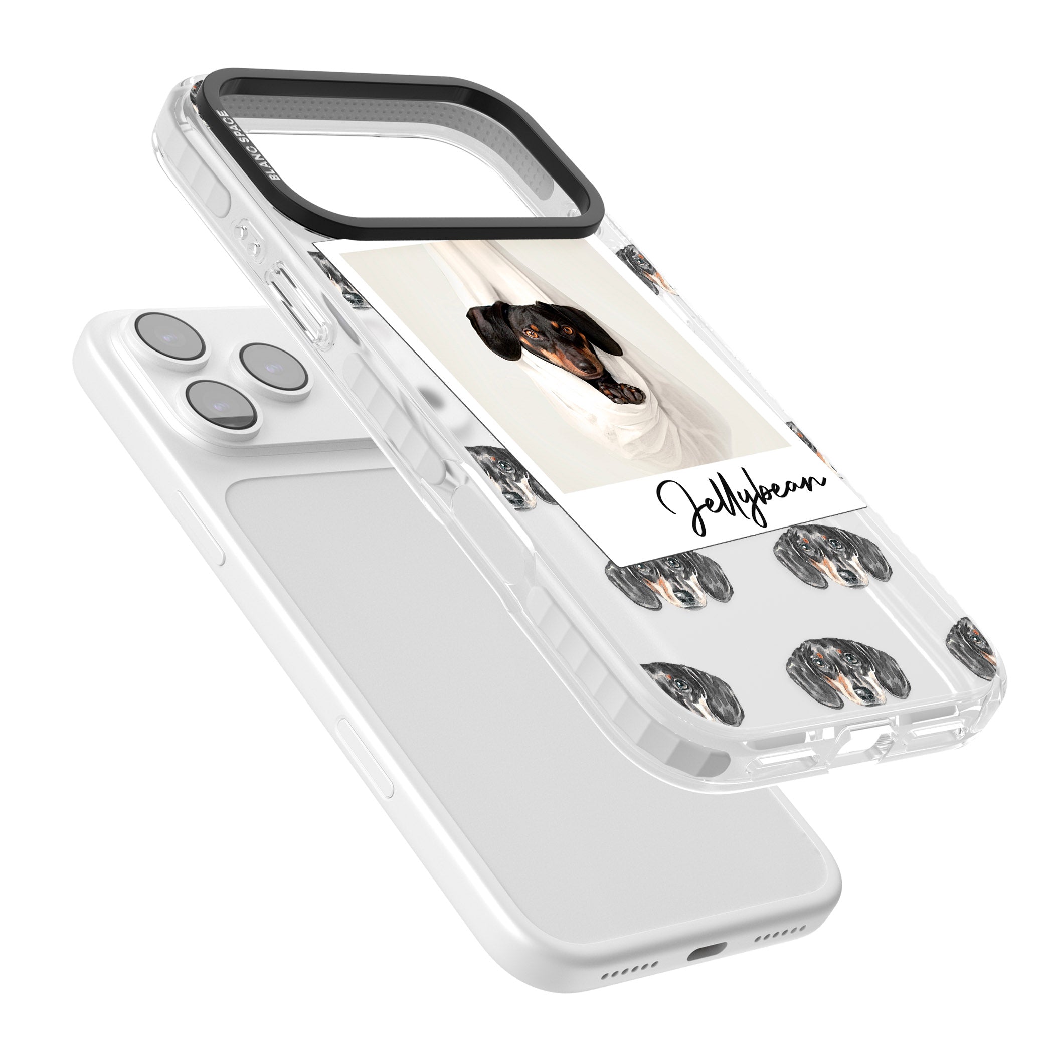 Personalised Black Dachshund Instant Camera Photo iPhone 17 Pro Impact Clear Phone Case Colours