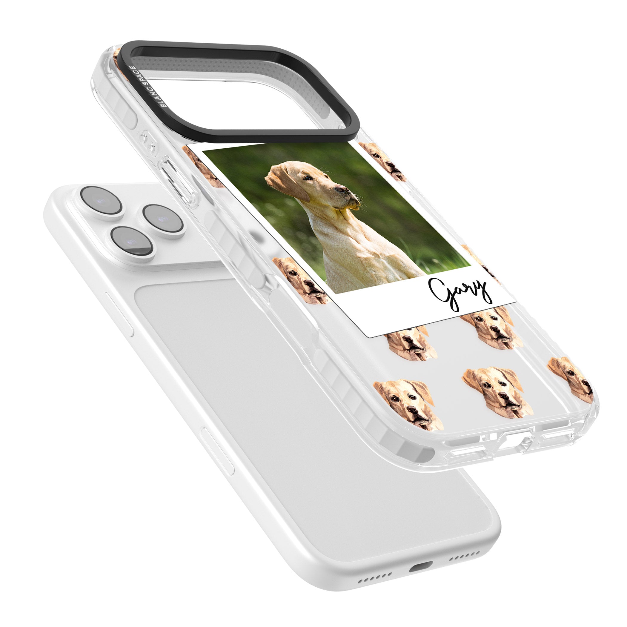 Personalised Tan Black Labrador Instant Camera Photo iPhone 17 Pro Impact Clear Phone Case Colours
