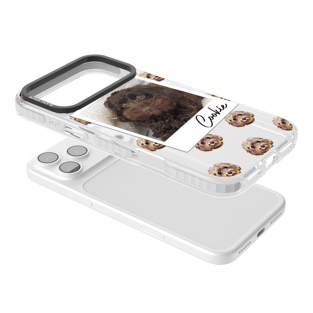 Personalised Brown Cockapoo Instant Camera Photo iPhone 17 Pro Max Impact Clear Phone Case angled