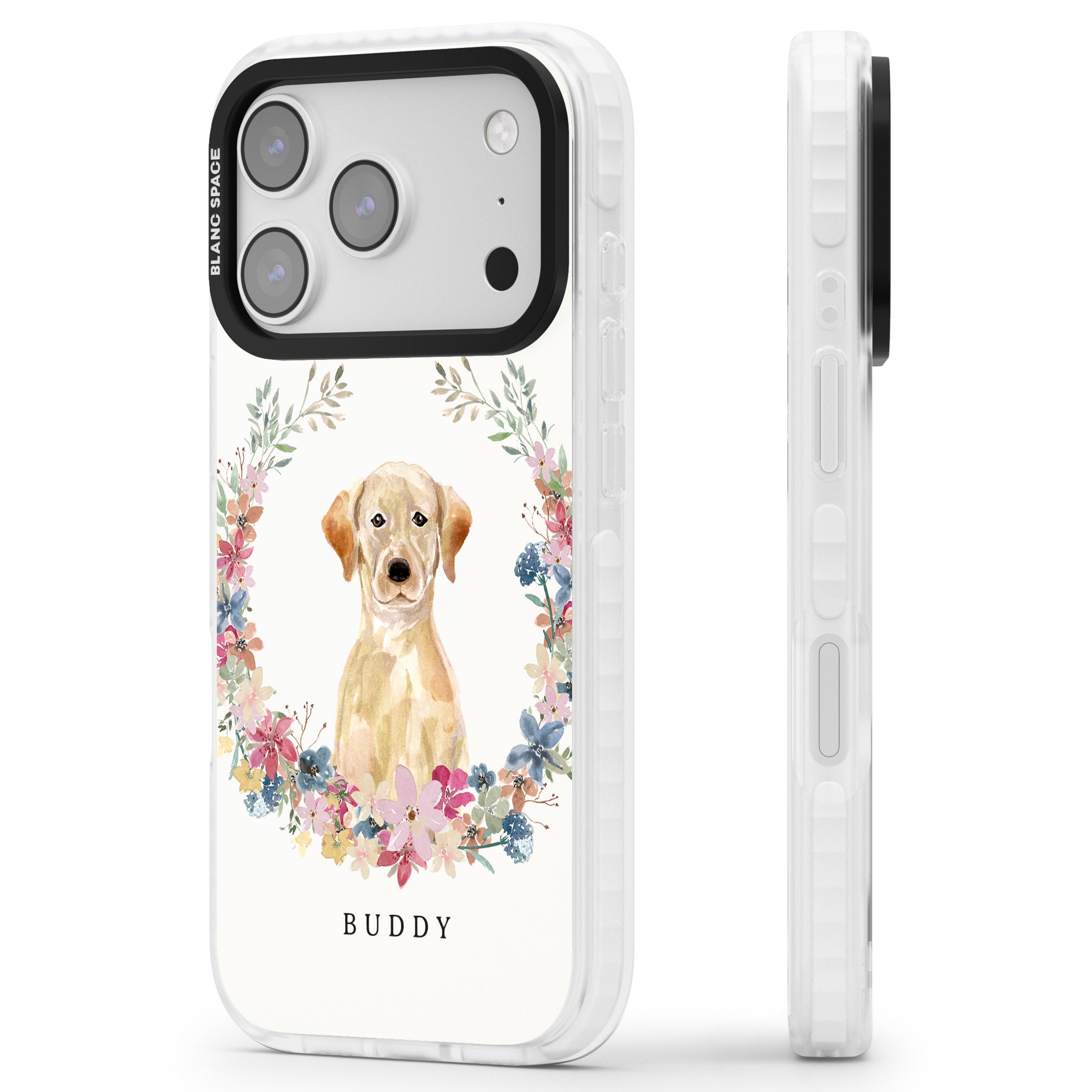 Personalised Yellow Labrador Retriever Floral Portrait iPhone 17 Pro Impact Clear Phone Case Side Profile