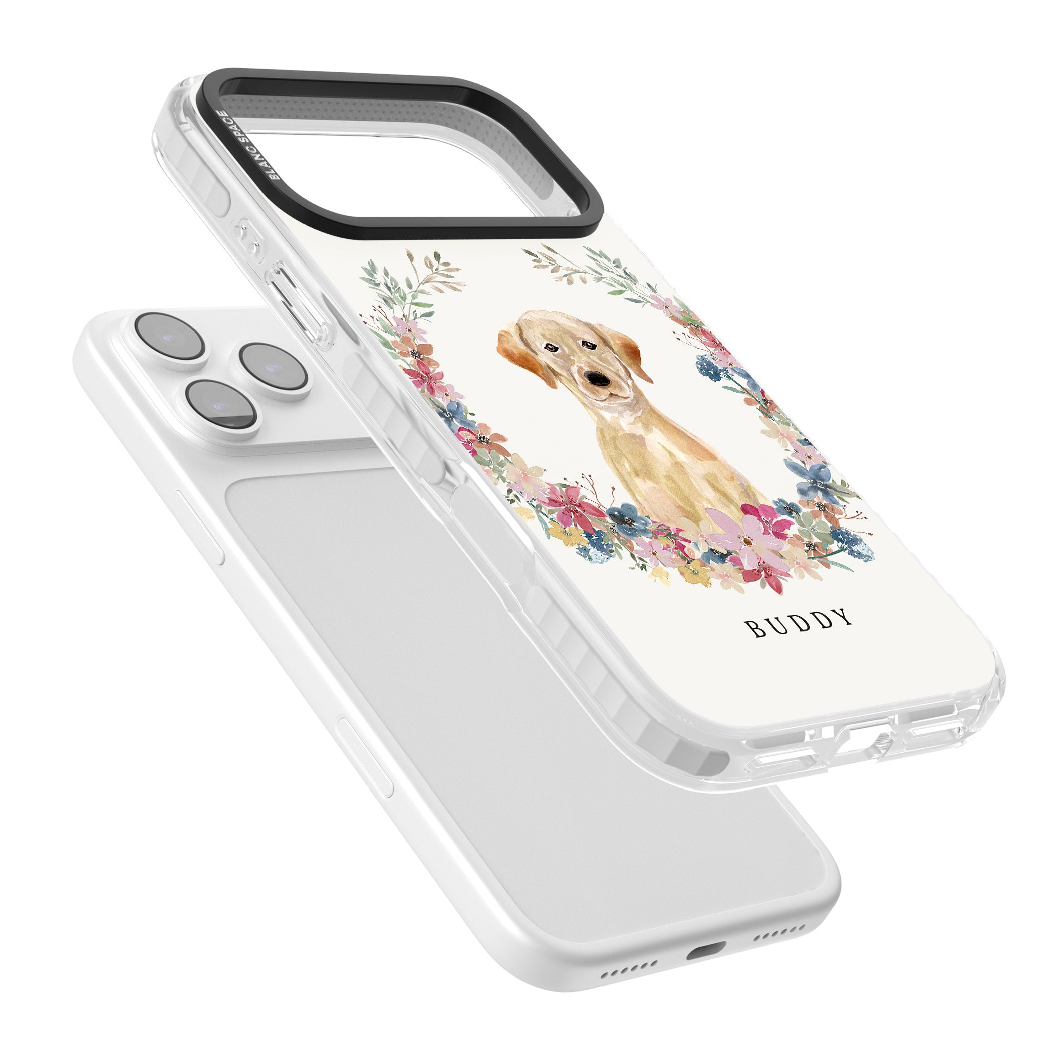 Personalised Yellow Labrador Retriever Floral Portrait iPhone 17 Pro Impact Clear Phone Case Colours