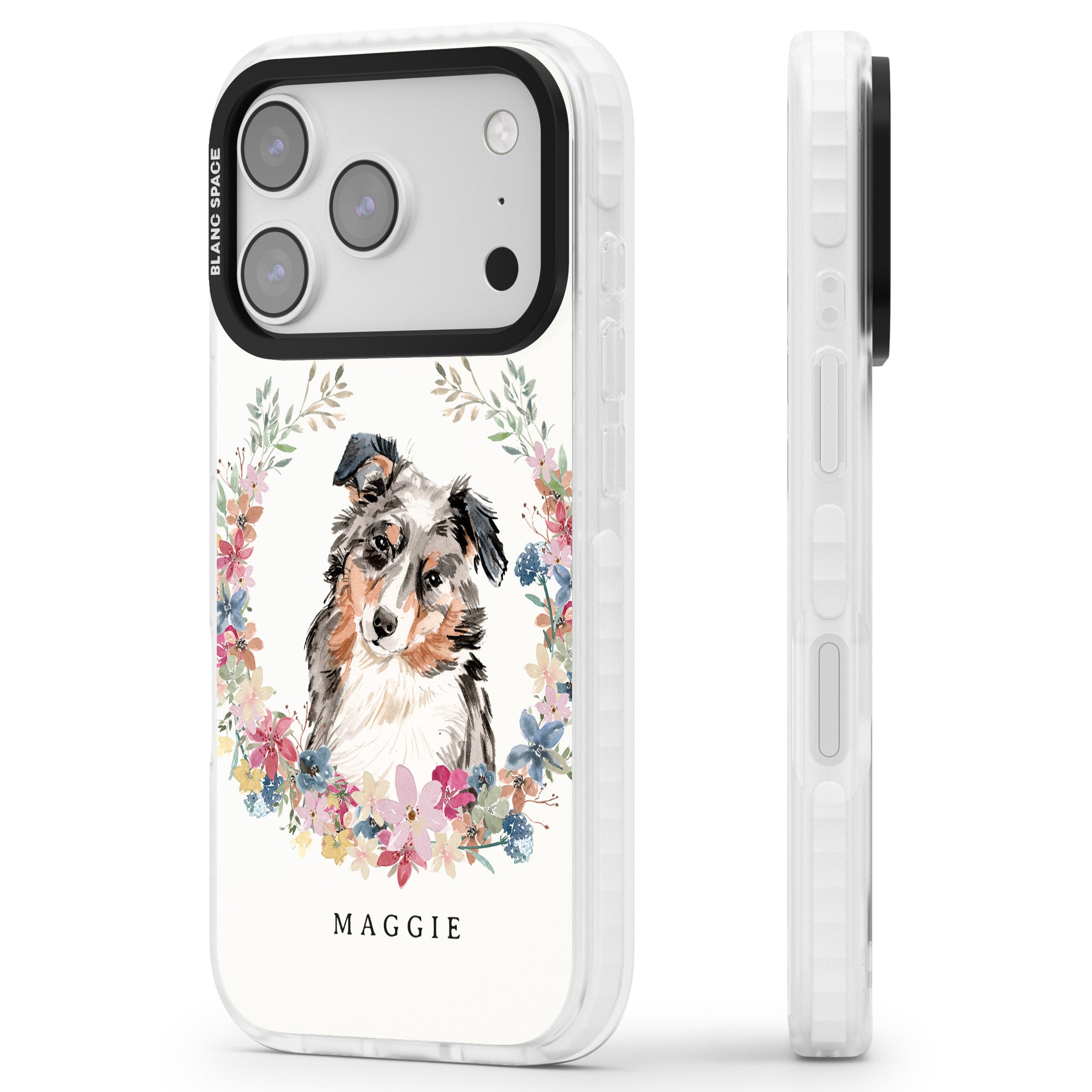 Personalised Australian Shepherd Floral Portrait iPhone 17 Pro Impact Clear Phone Case Side Profile