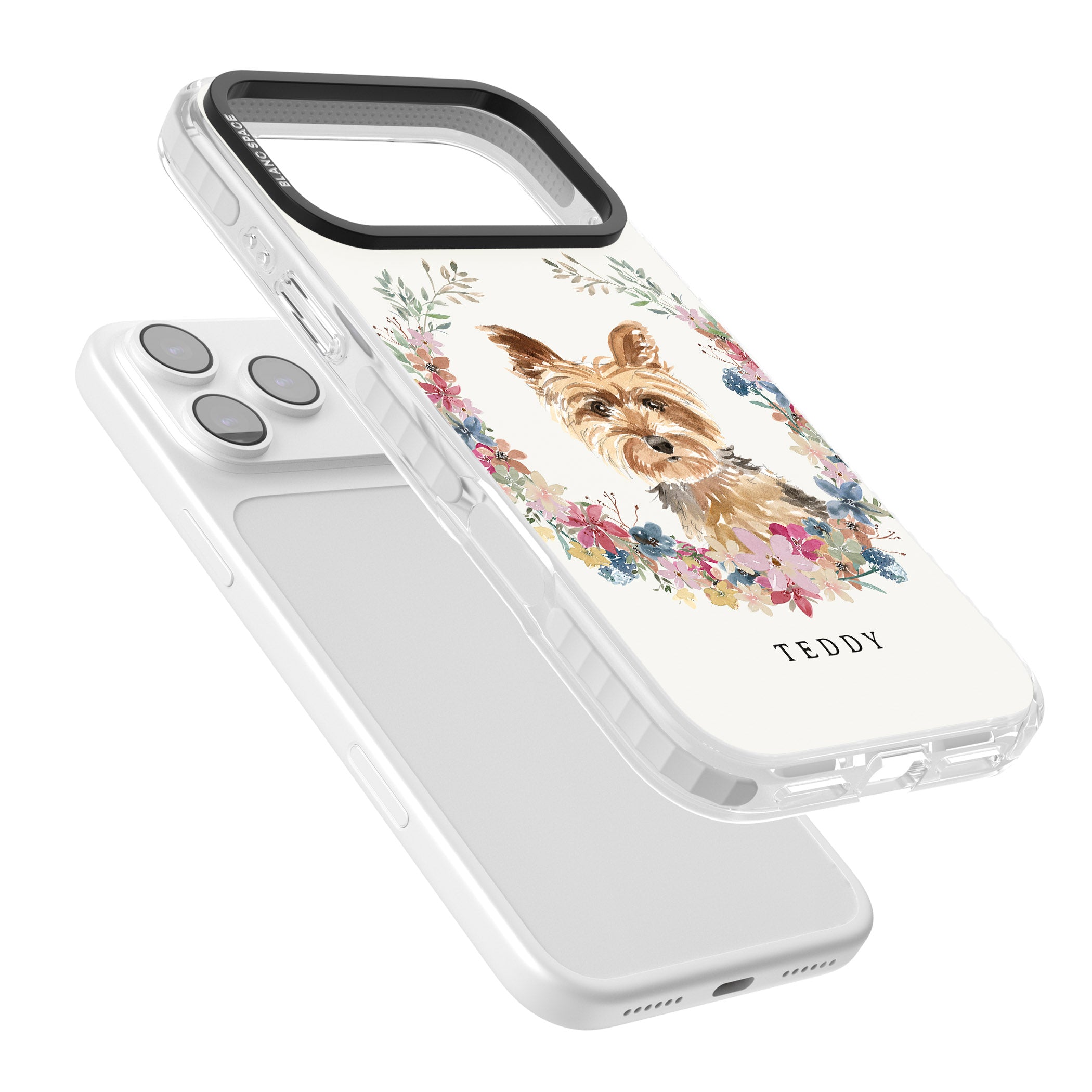 Personalised Yorkshire Terrier Floral Portrait iPhone 17 Pro Impact Clear Phone Case Colours