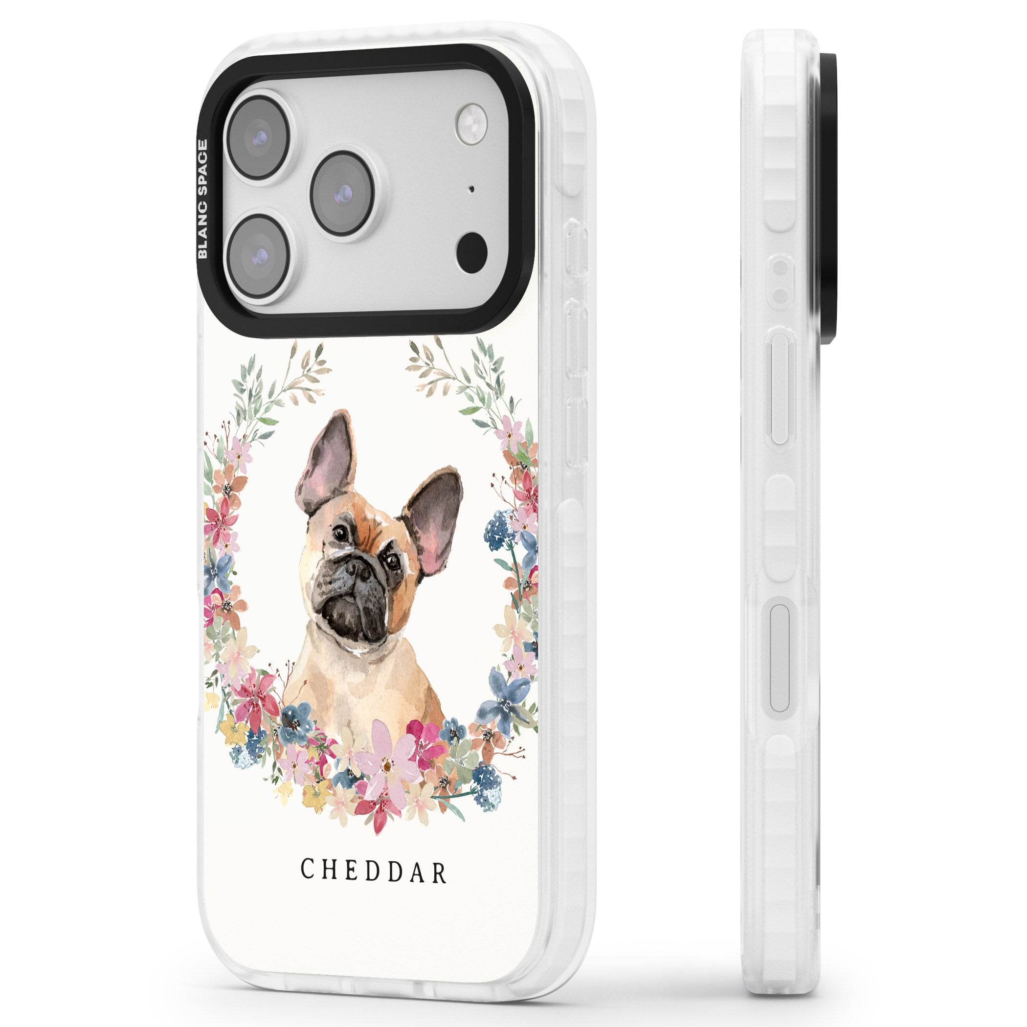 Personalised Tan French Bulldog Floral Portrait iPhone 17 Pro Impact Clear Phone Case Side Profile
